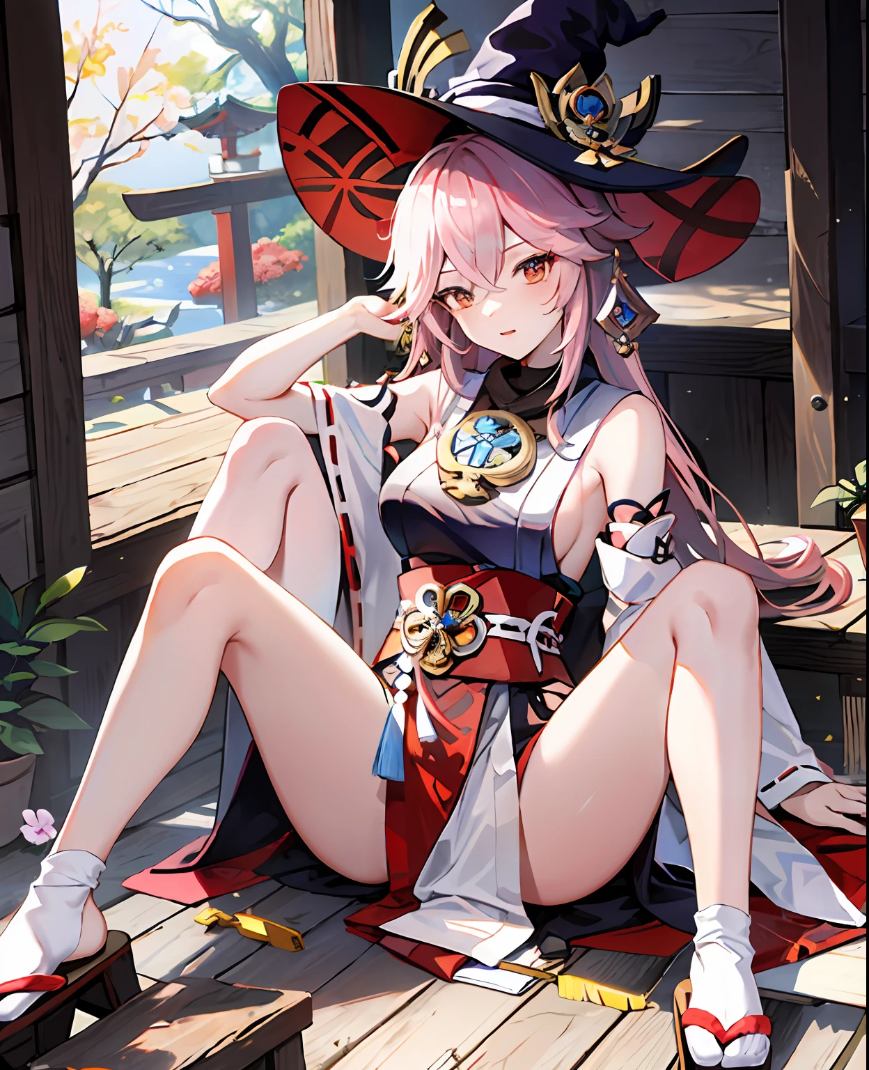 Genshin, Yae Miko, witch costume, geta, barelegs