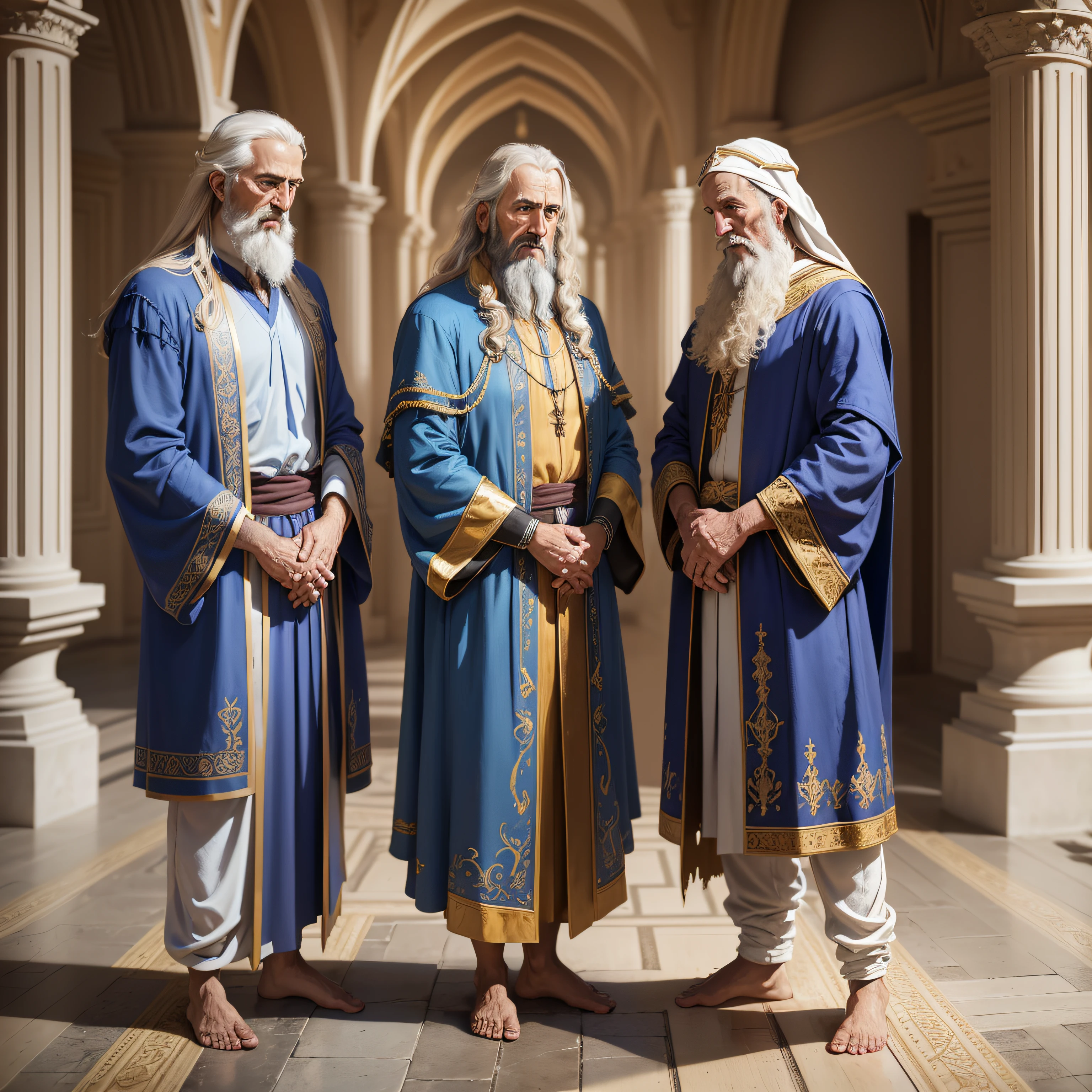 modelshoot style, (extremely detailed CG 8k wallpaper), ((full body photo)), 3 apostles of Jesus Christ: Peter Paul and John, talking, standing, barefoot, blue robes, poor and torn old men, majestic professional oil painting by Ed Blinkey, trend in ArtStation, Intricate, High Detail, sharp focus, dramatic and photorealistic painting art --auto --s2