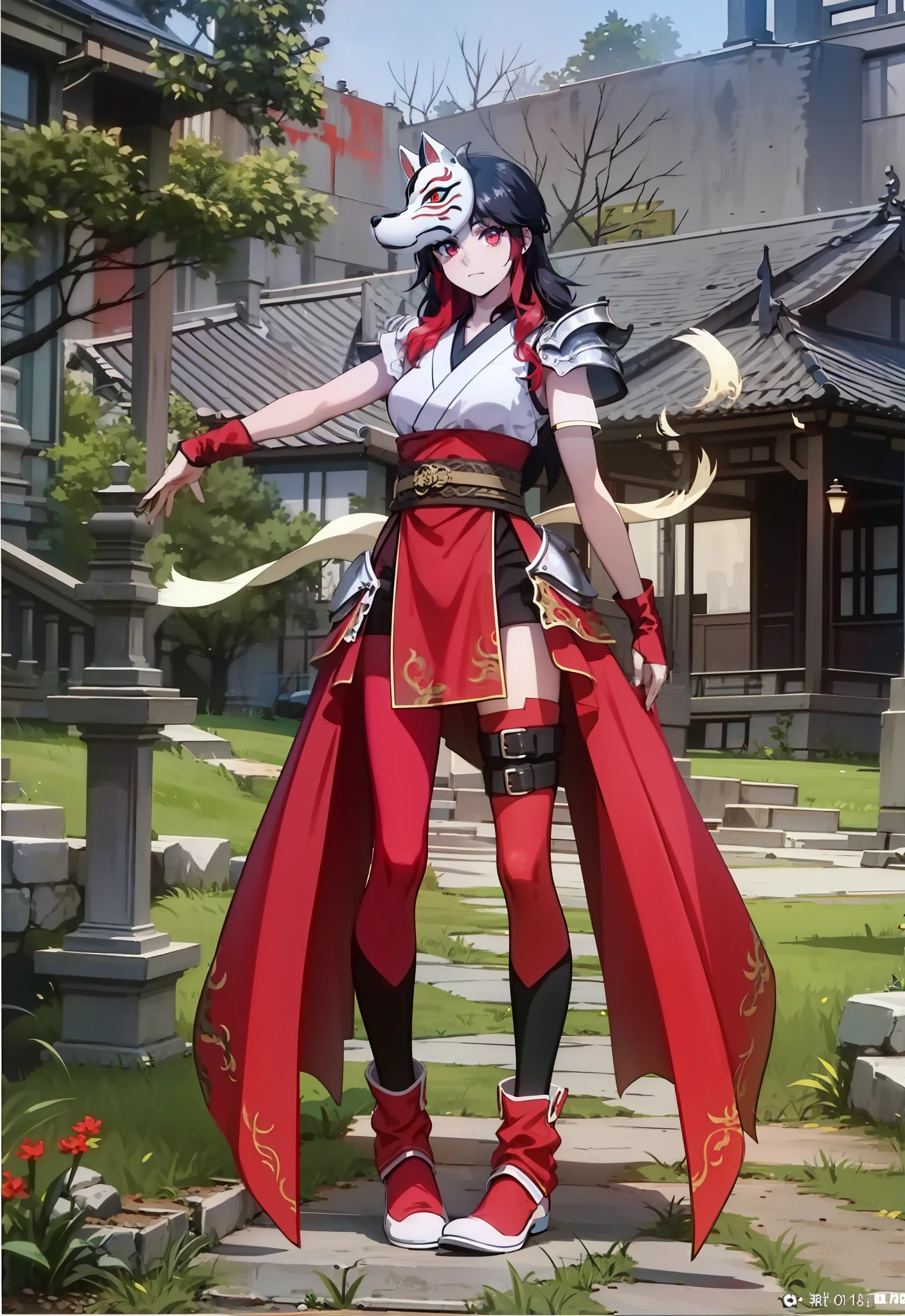 Goth, girl, Oriental armor,4k, black hair with red locks, Fox mask on top of head