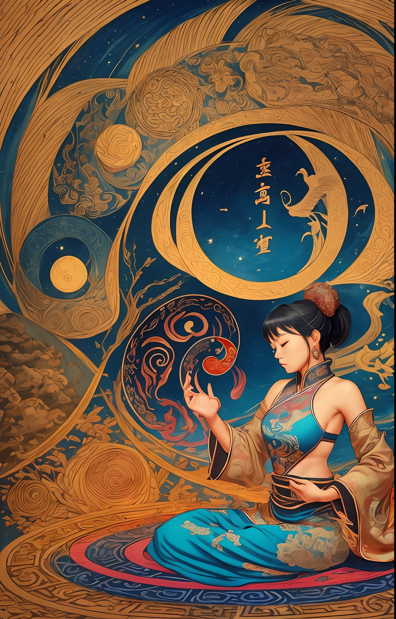 cartoon style (harmony, balance, yin-yang), Chinese silk painting, Tai Chi principles, fluid motion, interconnected elements, the interplay of contrasting forces, Daoist philosophy, a touch of the I Ching, warm and cool color palette, reflective art, inspired by Laozi, Zhuangzi, Yin Yang diagrams, Taijitu, the Bagua, the fusion of the spiritual and the physical,1girl,solo, grabbing breasts,, daoist, summon magic, cinematic lighting, fire and ice split, bagua background, circular bagua, yi yang, daoist practice, mediation sit, buddha sit, spiral loong, cloud loong at the top --auto --s2