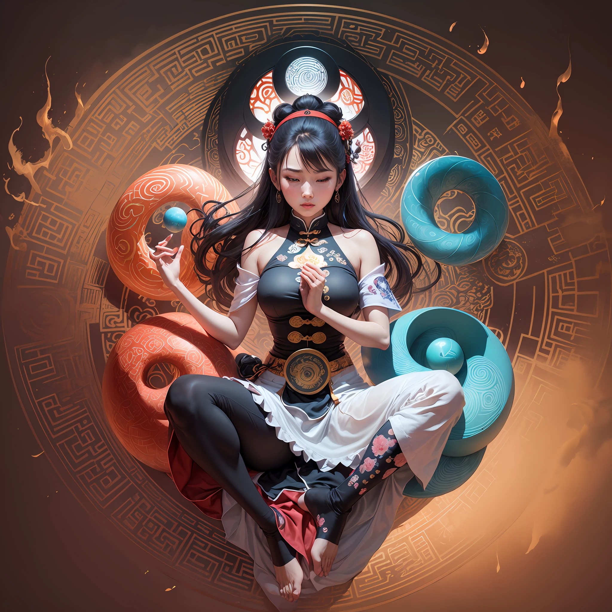 (harmony, balance, yin-yang), Chinese silk painting, Tai Chi principles, fluid motion, interconnected elements, the interplay of contrasting forces, Daoist philosophy, a touch of the I Ching, warm and cool color palette, reflective art, inspired by Laozi, Zhuangzi, Yin Yang diagrams, Taijitu, the Bagua, the fusion of the spiritual and the physical,1girl,solo, grabbing breasts,, daoist, summon magic, cinematic lighting, fire and ice split, bagua background, circular bagua, yi yang, daoist practice, mediation sit, buddha sit, spiral loong, cloud loong at the top, --auto --s2