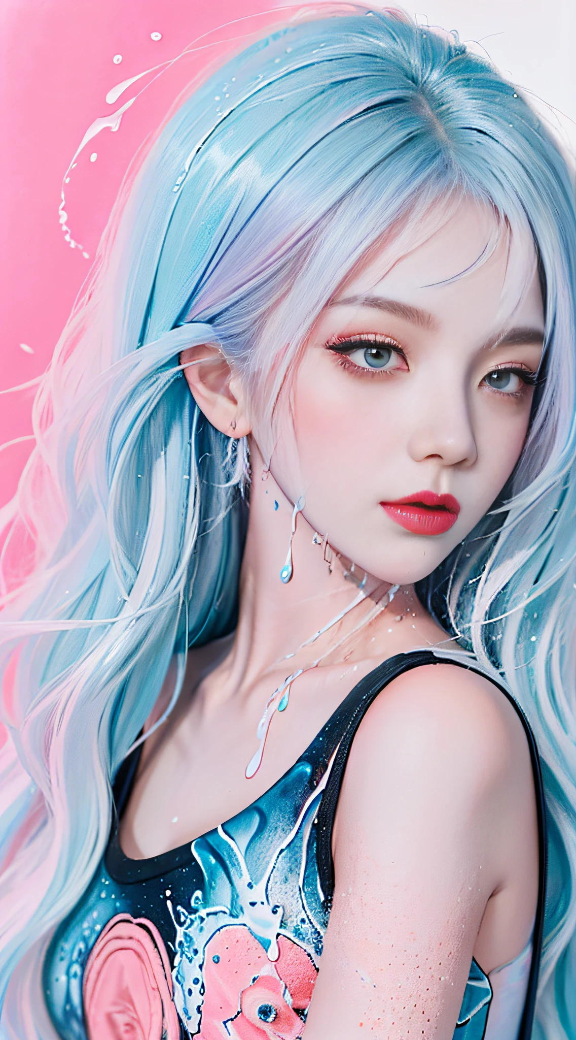 (Masterpiece, Best Quality, High Resolution), White Background, Acrylic Paint, ((Color Splash, Splash of Ink, Color Splash)), Sweet Chinese Girl, Long Light Blue Hair, [Light Blue|Pink] Hair, Curly Hair, Glitter, Peach Lips, White Shirt, Front, Upper Body