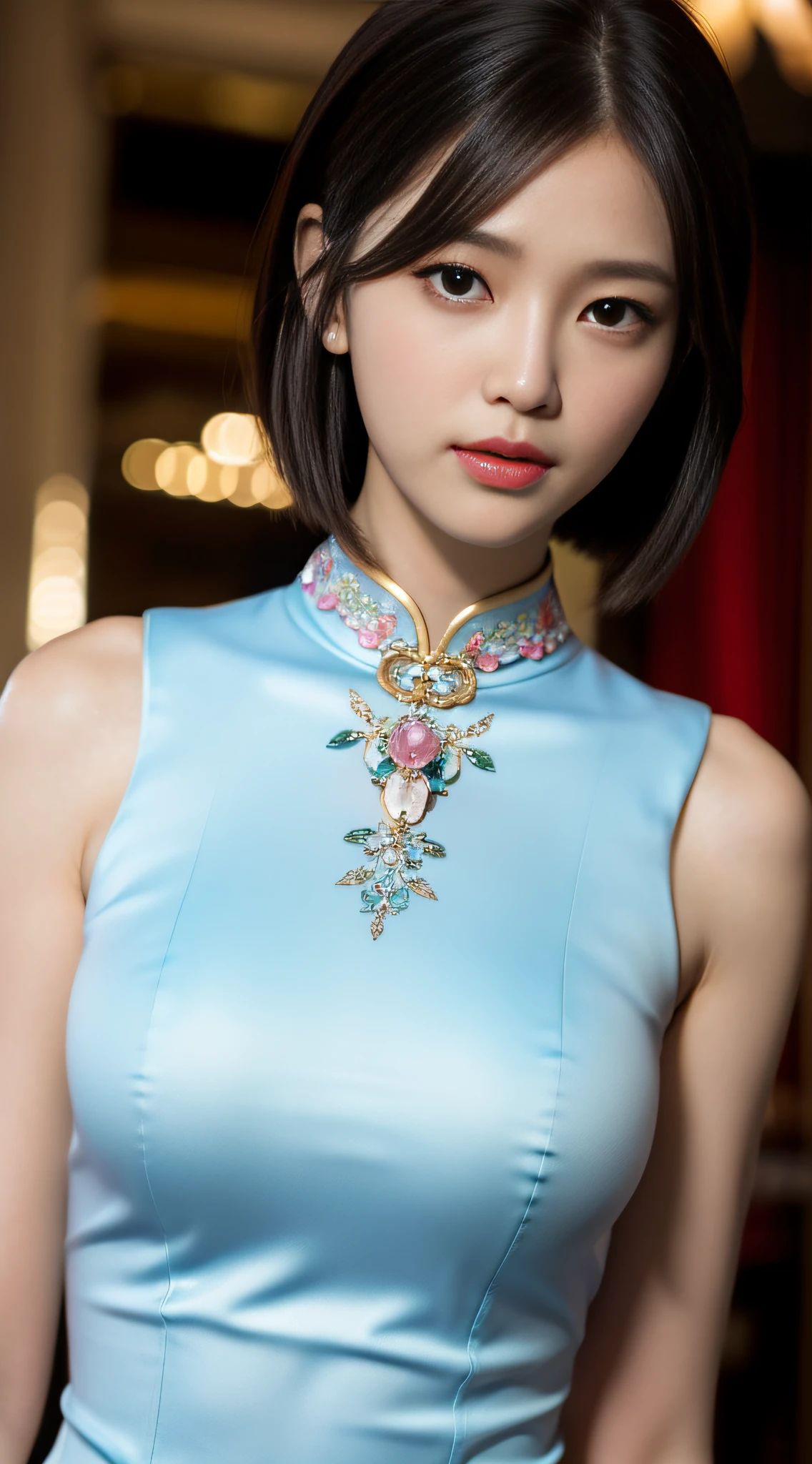 A beautiful girl, exquisite facial features, exquisite face, black Hong Kong style short hair, exquisite hairstyle, beautiful and pure, refined temperament, model figure, slim and slender figure, noble cheongsam, upper body close-up, 8k resolution, the highest picture quality, real texture 5.0, Cosmo Lady, street, chairman secretary, mature women, thin face
