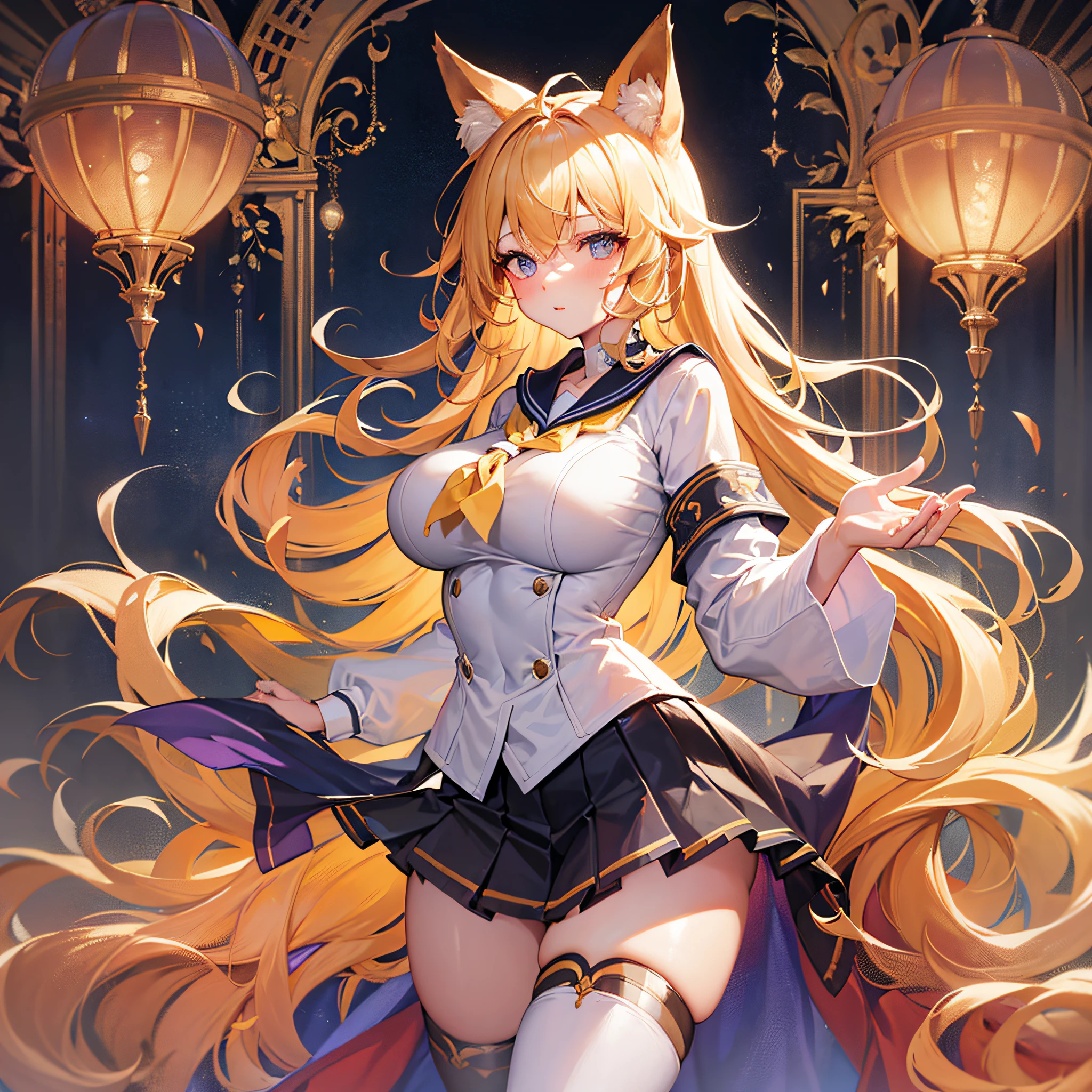 Absolutely beautiful fox girl, perfect slim body, mature royal sister face, yellow hair, large curly hair, sailor suit, sexy and seductive, beautiful face, full body portrait, standing pose, 4K picture quality, big body, feminine expression, blush shyness, deep eyes, huge breasts, short skirt, battle magic
