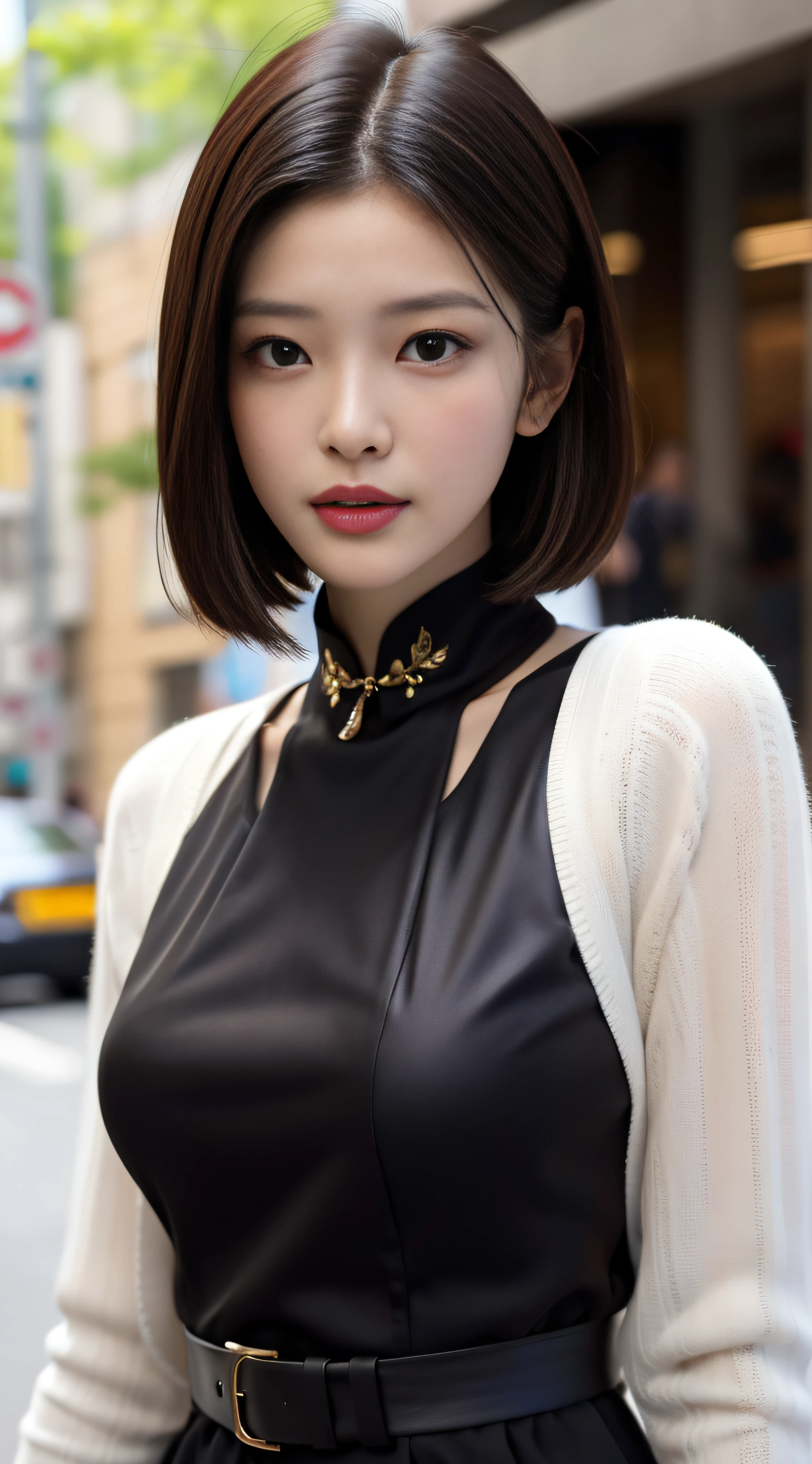 A beautiful girl, exquisite facial features, exquisite face, black Hong Kong style short hair, exquisite hairstyle, beautiful and pure, refined temperament, model figure, slim and slender figure, noble cheongsam, upper body close-up, 8k resolution, the highest picture quality, real texture 5.0, Cosmo Lady, street, chairman secretary, mature women, thin face