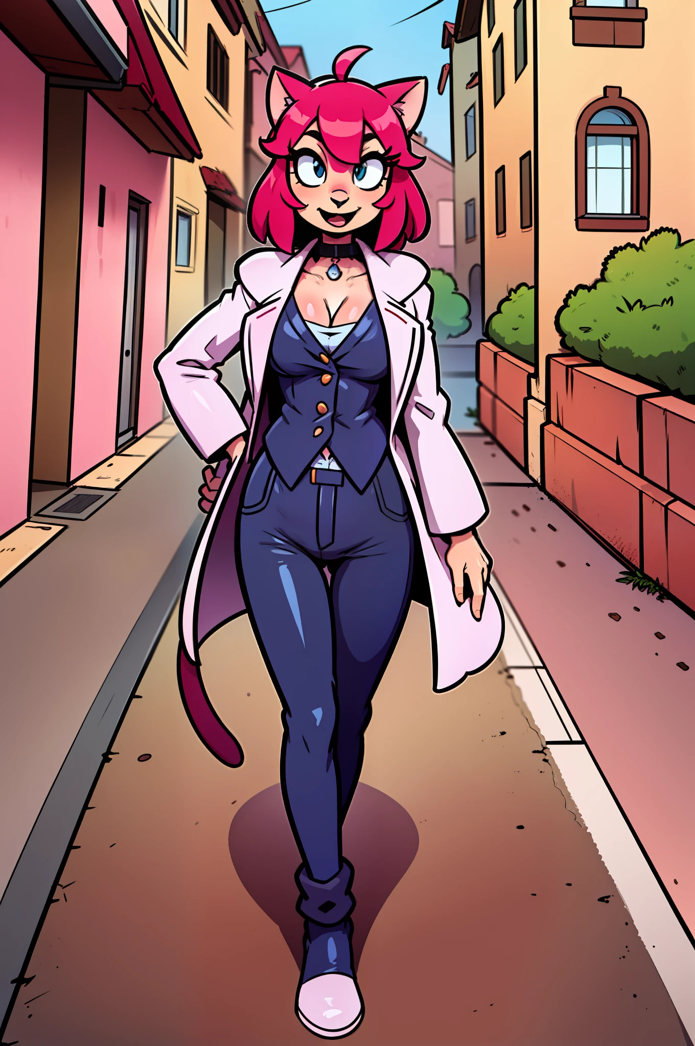 catgirl, furry, toon, cartoon, pink hair, walking,, lion tail, cat ears, animal nose, coat, vest, smile