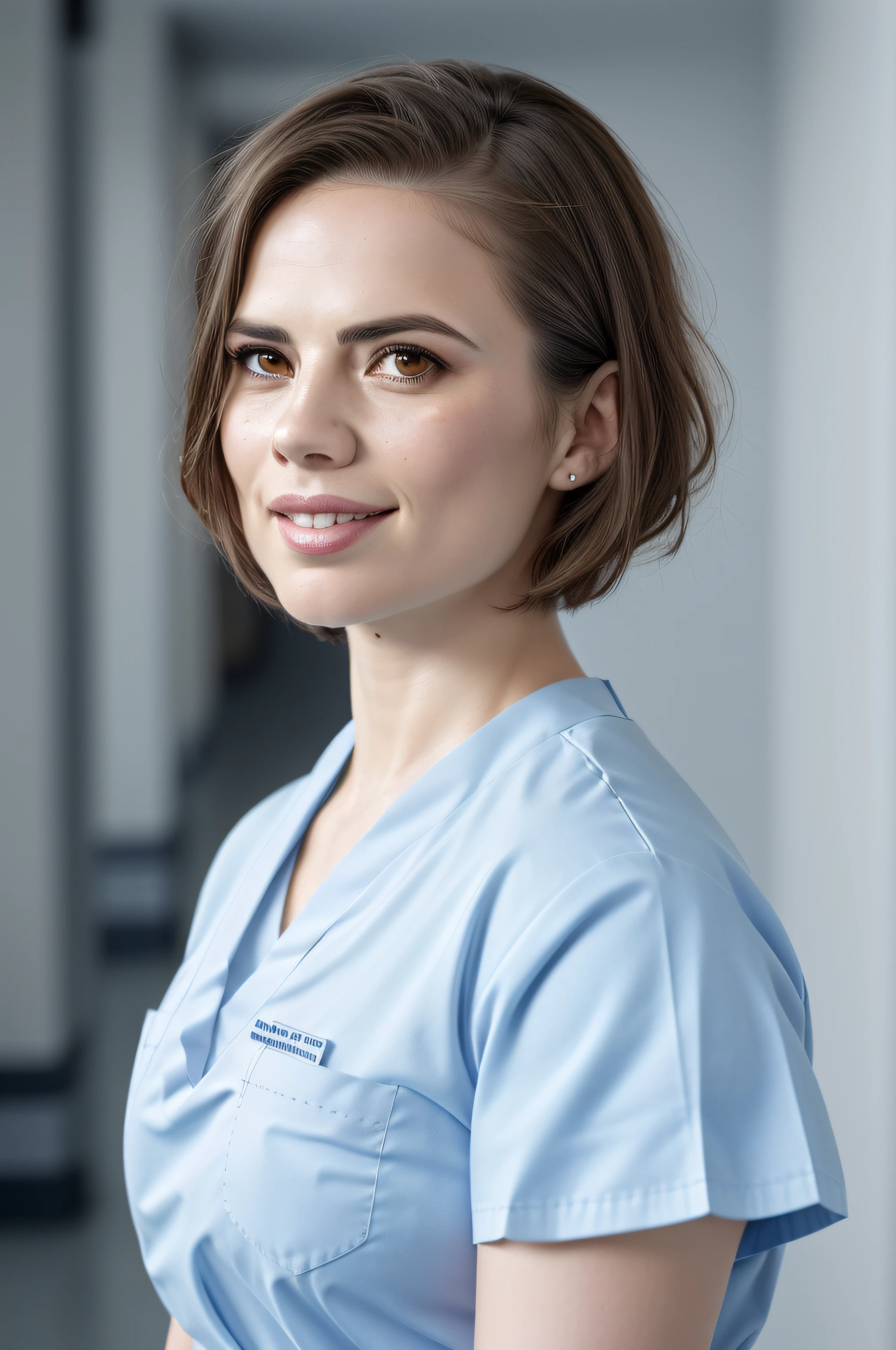 Beautiful woman, Hayley Atwell, sitting, wearing (light blue hospital scrubs), white shoes, beautiful legs, (very short hair::1.3), detailed eyes, (detailed realistic face), (skin texture), no makeup, freckles, blush,very  pale skin, confident smile, (head tilted to side::1.3), highly detailed, candid style, (extremely detailed CG unity 8k wallpaper), (whole body shoot::1.4), photo of the most beautiful artwork in the world, hospital, fashion top model, trending on ArtStation, trending on CGSociety, Intricate, High Detail, Sharp focus, dramatic, photorealistic painting art by midjourney