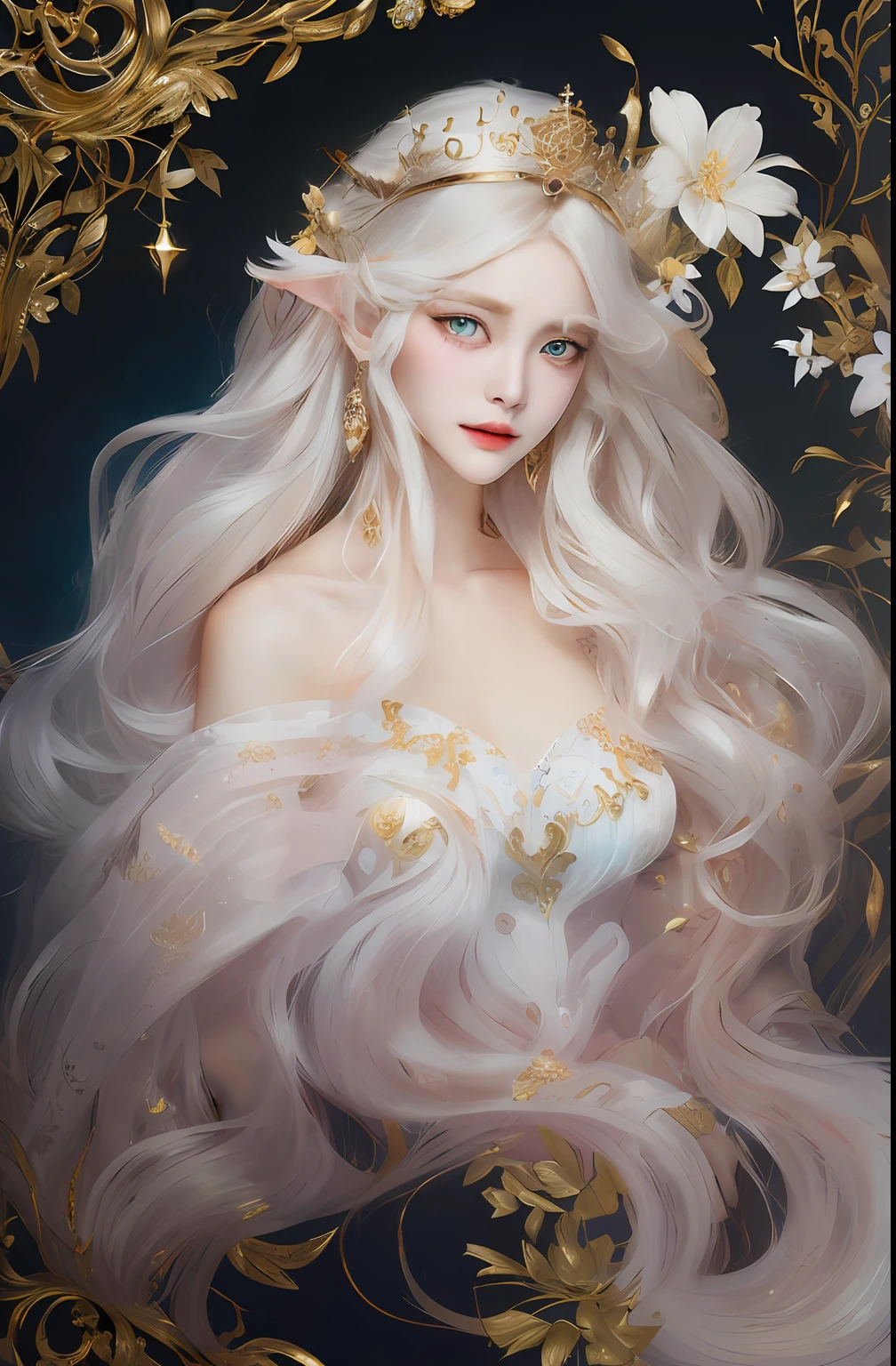 Draw a woman with long white hair and a golden crown, beautiful and elegant elf queen, Guvez style artwork, (((beautiful fantasy queen)), fantasy art style, 8k high quality detail art, fan art best art station, beautiful character painting, beautiful fantasy queen, detailed white long hair, inspired by WLOP, popular on cgstation, good fingers, big eyes, water spirit big eyes, healthy fingers, good eyes