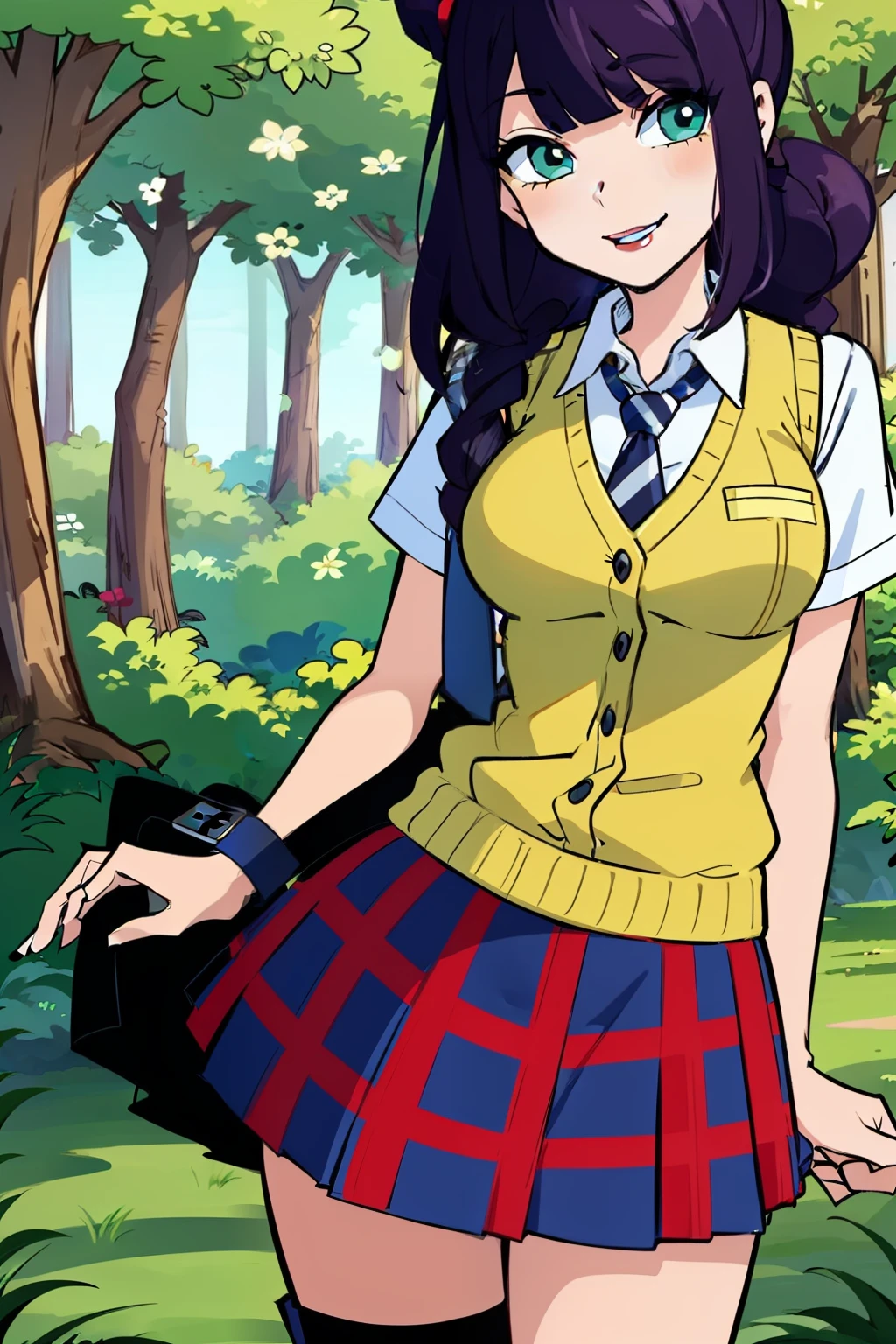 light smile, Schoolgirl attire, white blouse with yellow sweater vest, green striped tie, red plaid skirt and black boots with white buckles, forest green eyes and ashy hair in a twin ponytail