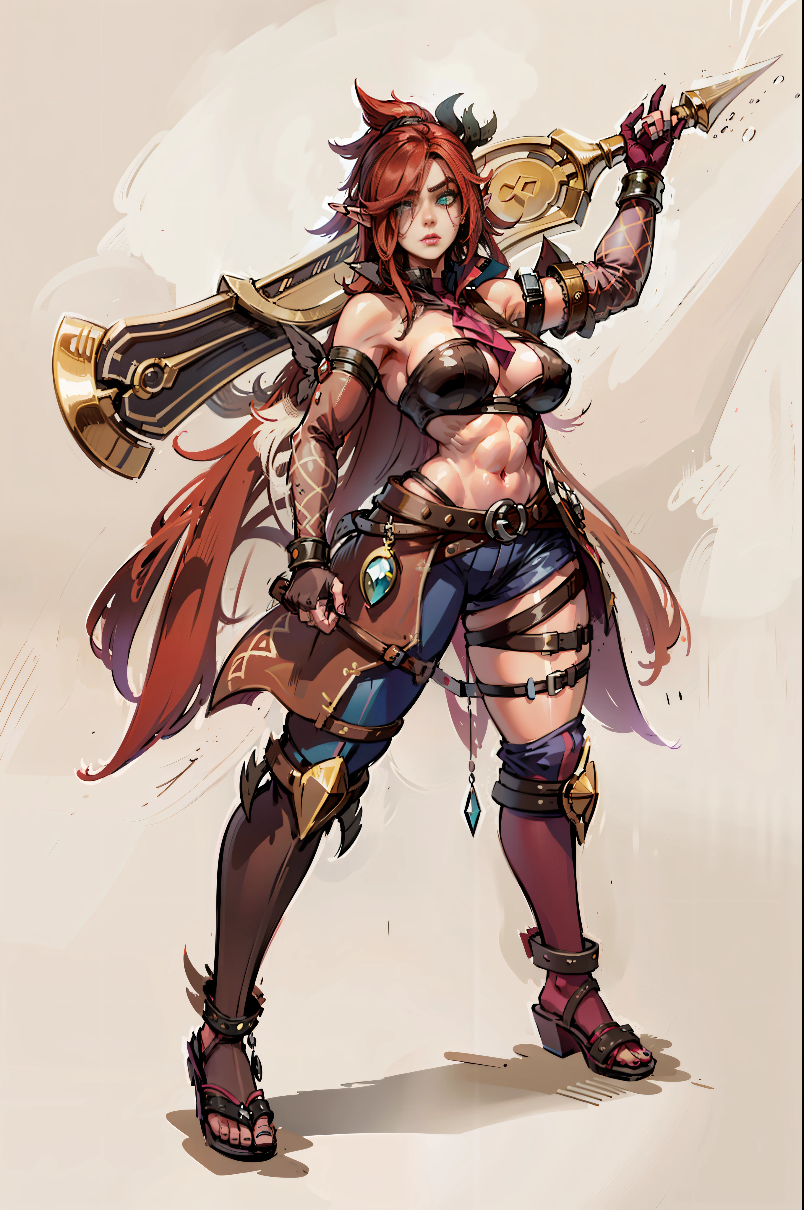 (((1girl))), [[long yellow hair (golden white)]], blue eyes, elf ear, large breasts, well made anime eyes, well made anime nose, serious expression, druid, [[tight clothes]]