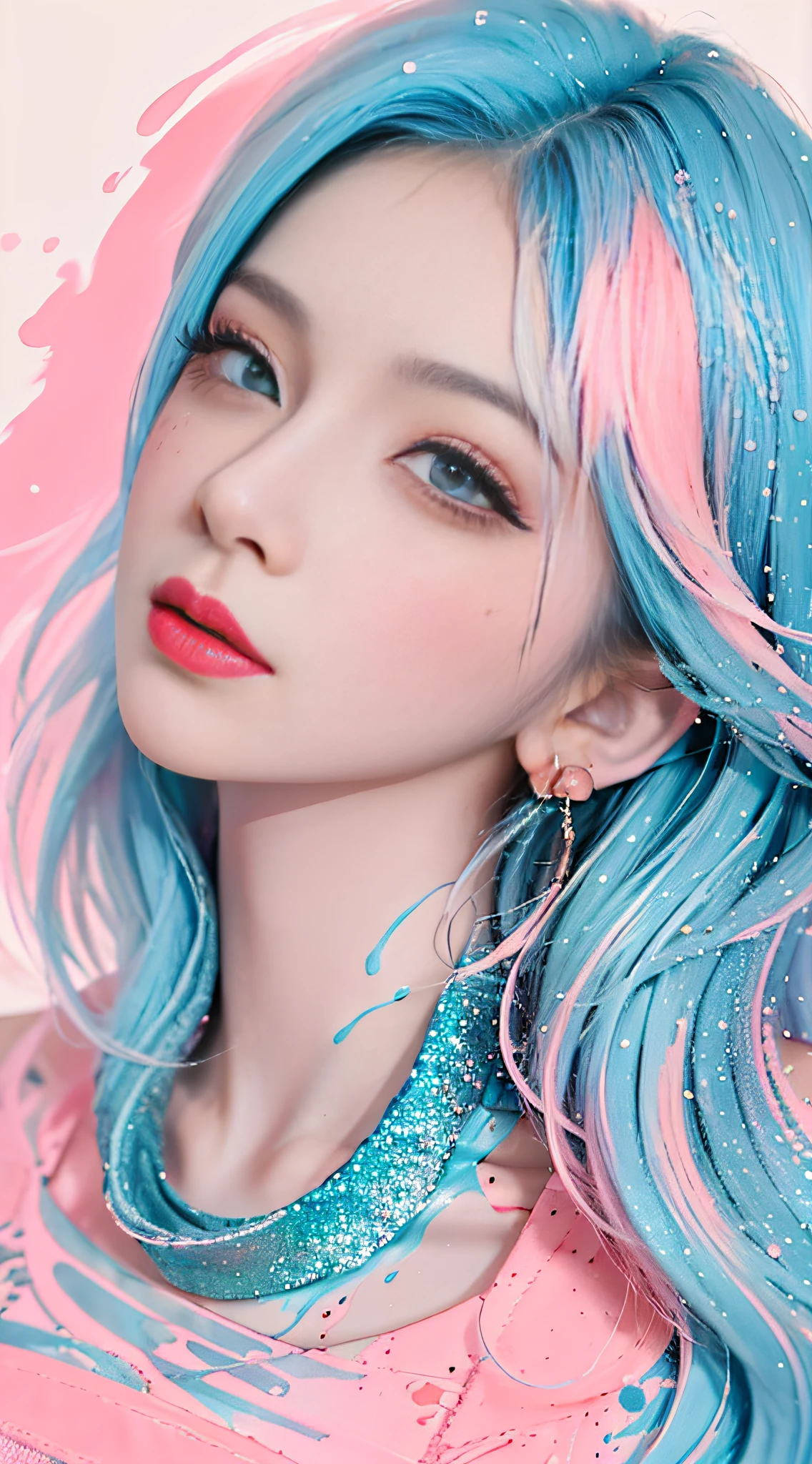 (Masterpiece, Best Quality, High Resolution), White Background, Acrylic Paint, ((Color Splash, Splash of Ink, Color Splash)), Sweet Chinese Girl, Long Light Blue Hair, [Light Blue|Pink] Hair, Curly Hair, Glitter, Peach Lips, White Shirt, Front, Upper Body