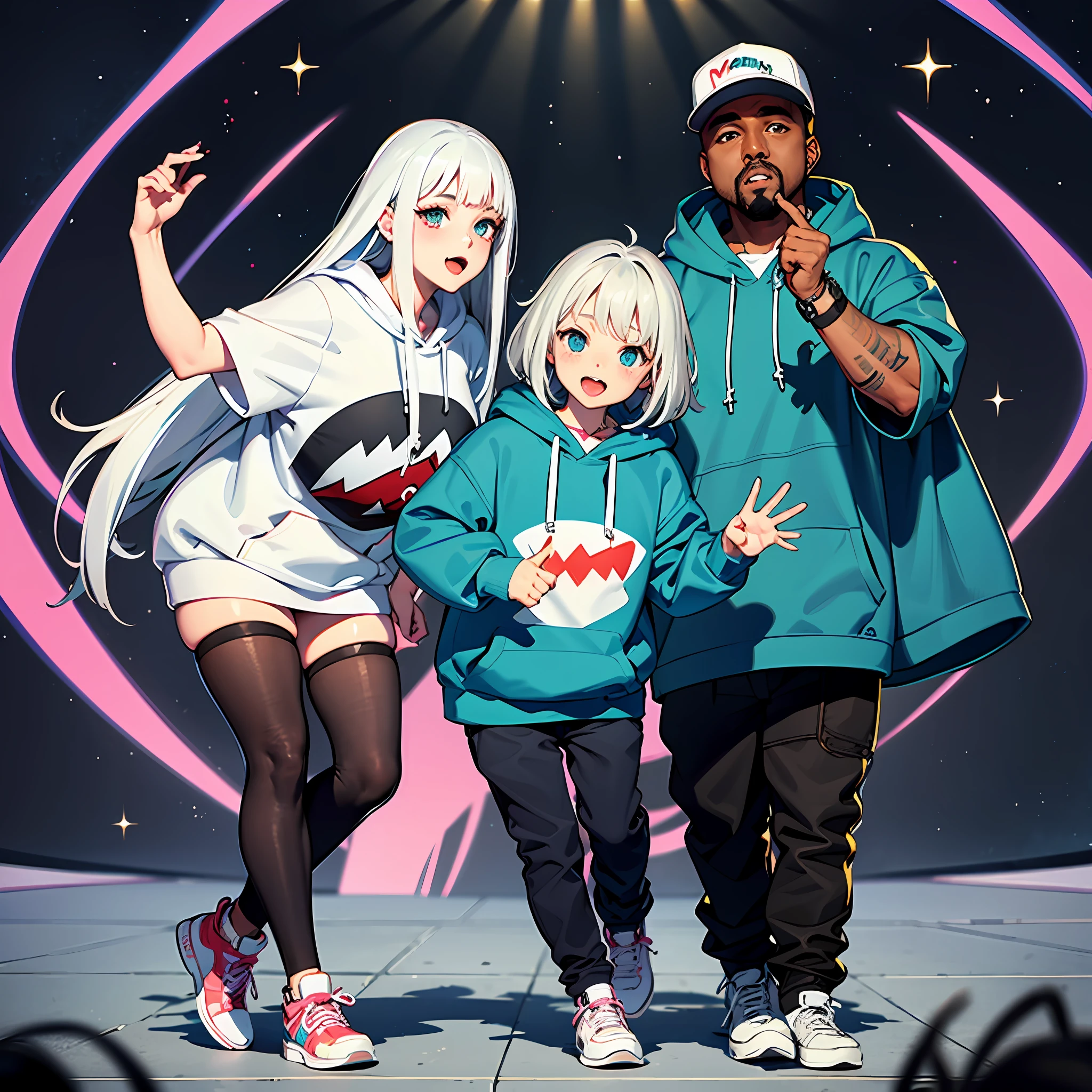 The v-tuber girl with the white hair and the oversized blue shark teeth hoodie, gawr gura with Kanye west the African American rapper performing a concert