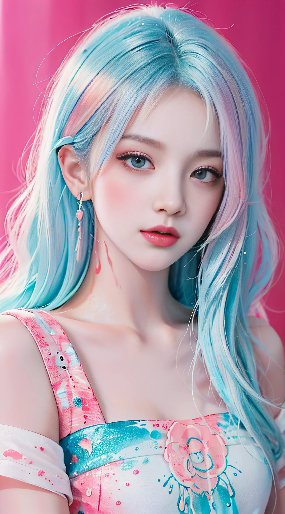 (Masterpiece, Best Quality, High Resolution), White Background, Acrylic Paint, ((Color Splash, Splash of Ink, Color Splash)), Sweet Chinese Girl, Long Light Blue Hair, [Light Blue|Pink] Hair, Curly Hair, Glitter, Peach Lips, White Shirt, Front, Upper Body