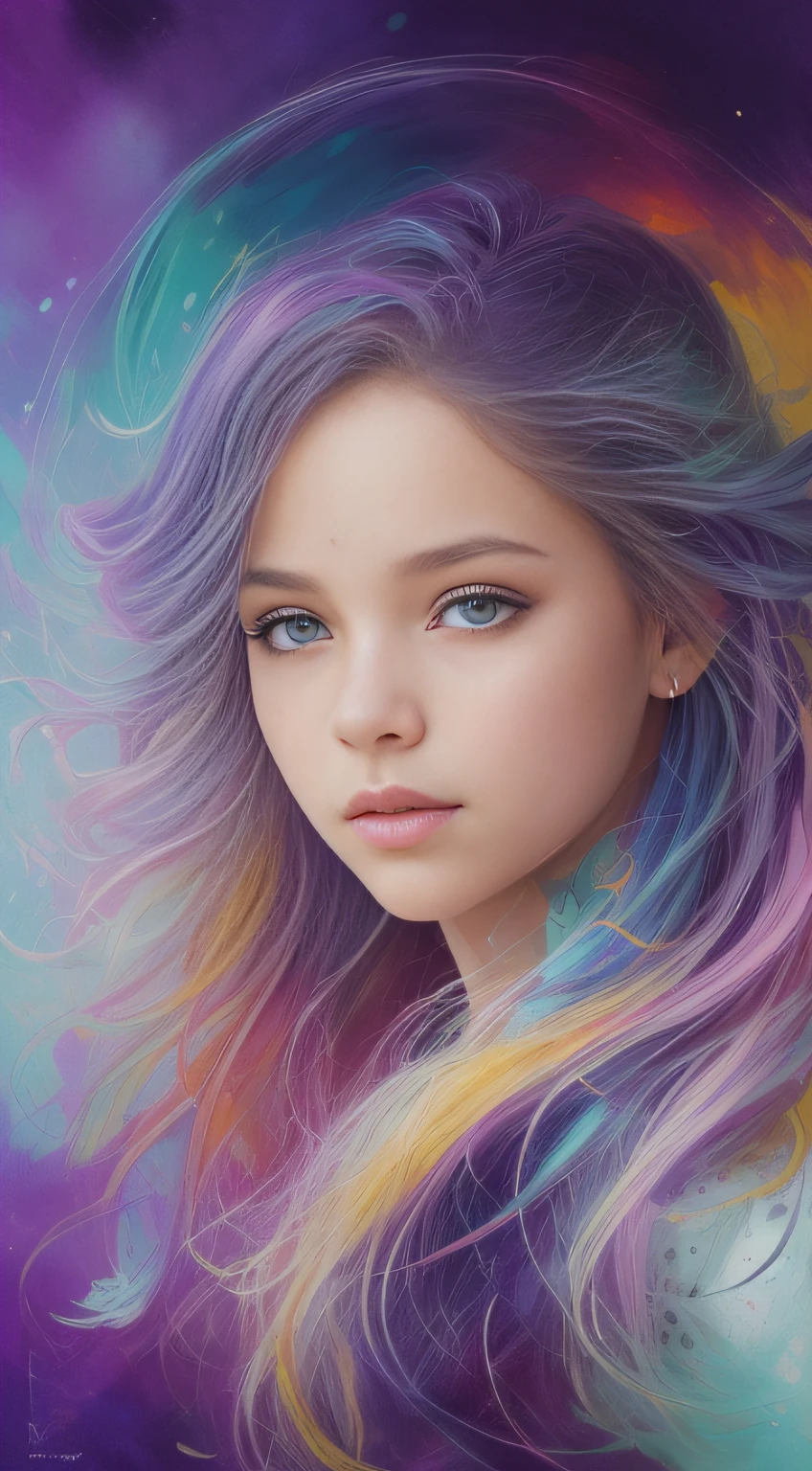 Colorful beautiful girl: a giru 8-years old, messy hair, oil painting, nice perfect face with soft skinice perfect face, blue yellow colors, light purple and violet additions, light red additions, intricate detail, splash screen, 8k resolution, masterpiece, cute face,artstation digital painting smooth veryBlack ink flow: 8k resolution photorealistic masterpiece: intricately detailed fluid gouache painting: by Jean Baptiste Mongue: calligraphy: acrylic: watercolor art, professional photography, natural lighting, volumetric lighting maximalist photoillustration: by marton bobzert:, complex, elegant, expansive, fantastical, wavy hair, vibrant