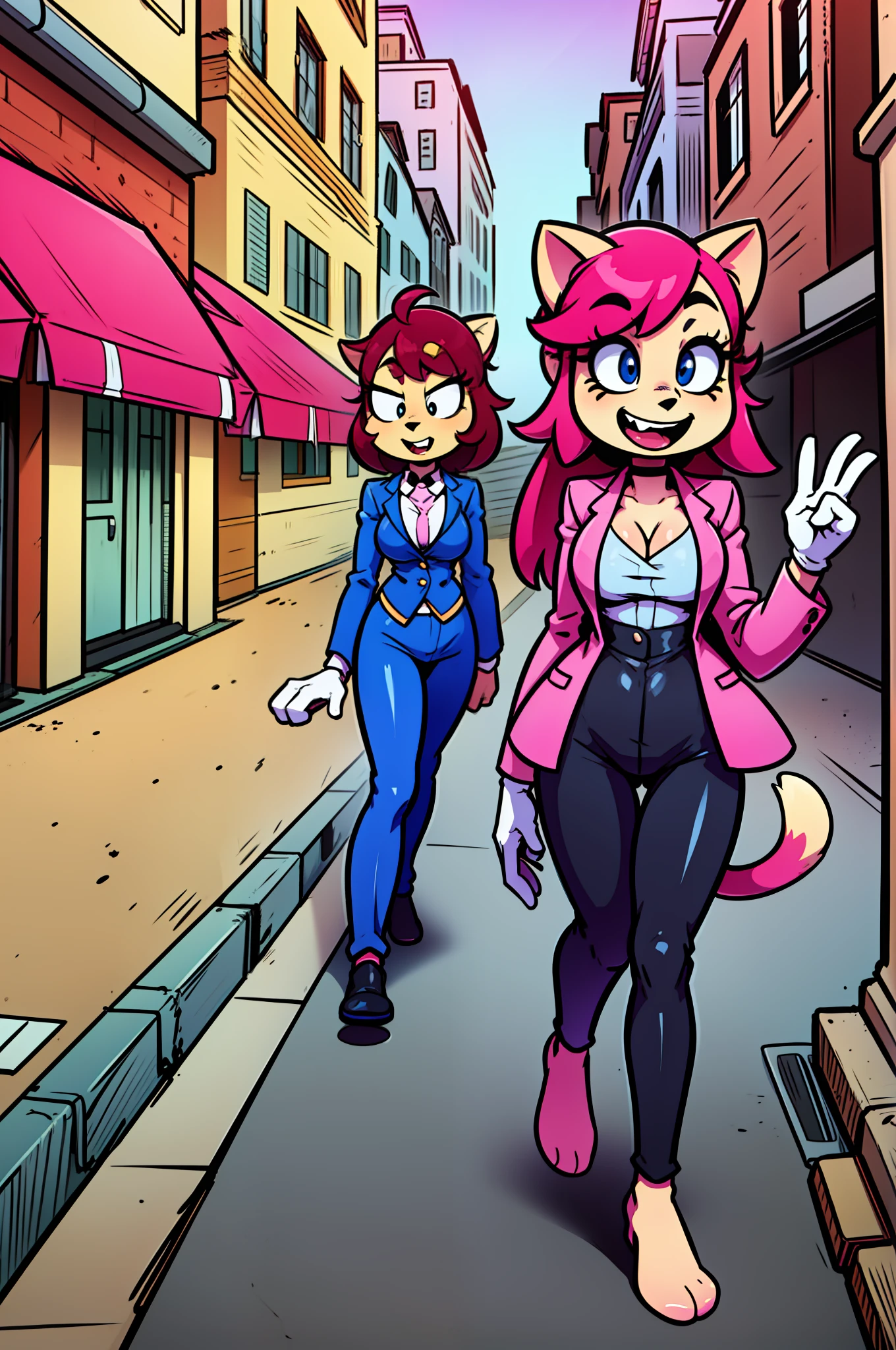 catgirl, furry, toon, cartoon, pink hair, walking,, lion tail, cat ears, animal nose, coat, vest, smile