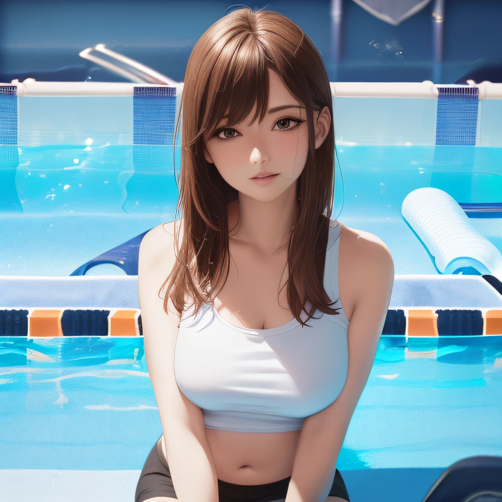 best quality, photorealistic, 8k, high res, 1girl, woman, (skindentation), (portrait:0.6), ((poolsidebackground:2.1)), ((smallsize round breast, tight clothes, underboob, white sleeveless tshirt)), straight-looking at viewer:1.8, (1girl eyes looking at viewer:1.45, medium-length hair, brownhair, partedbangs:1.15), photorealistic, (bokeh), gorgeous, --auto