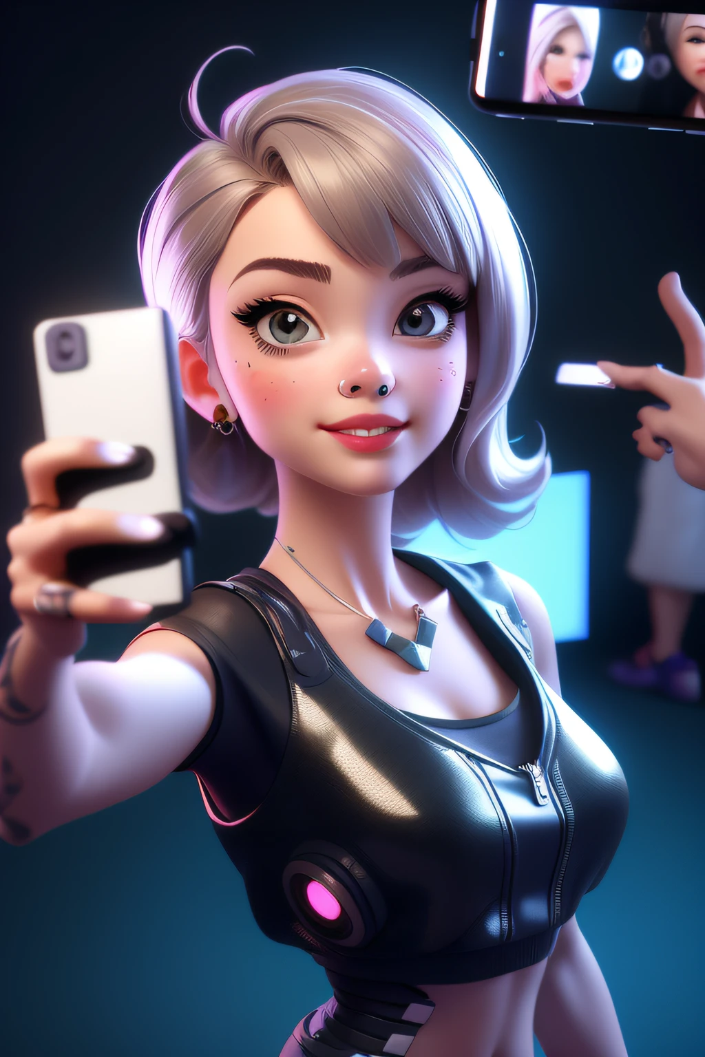 3d toy, 3d rendering, ip, close-up, model shoot style, photo ((selfie:1.8)) of a little boy, cyberpunk style fashion, chibi, cute little boy, upper body, mask, simple background, best quality, c4d, blender, 3D MODEL, TOYS, VIVID COLORS, CYBERPUNK THEMERED, HIGH RESOLUTION, A LOT OF DETAILS, cyberpunk\(series\ clothes colors, wide smile, PIXAR, CANDY COLORS, BIG SHOES, FASHION TRENDS, CYBERNETIC BODY PART, AR,tulle, blush, shyness, collarbone, abdominals, double weave, beautiful and delicate face, fair skin, real skin, (face detail), vibe ((beautiful and aesthetic))