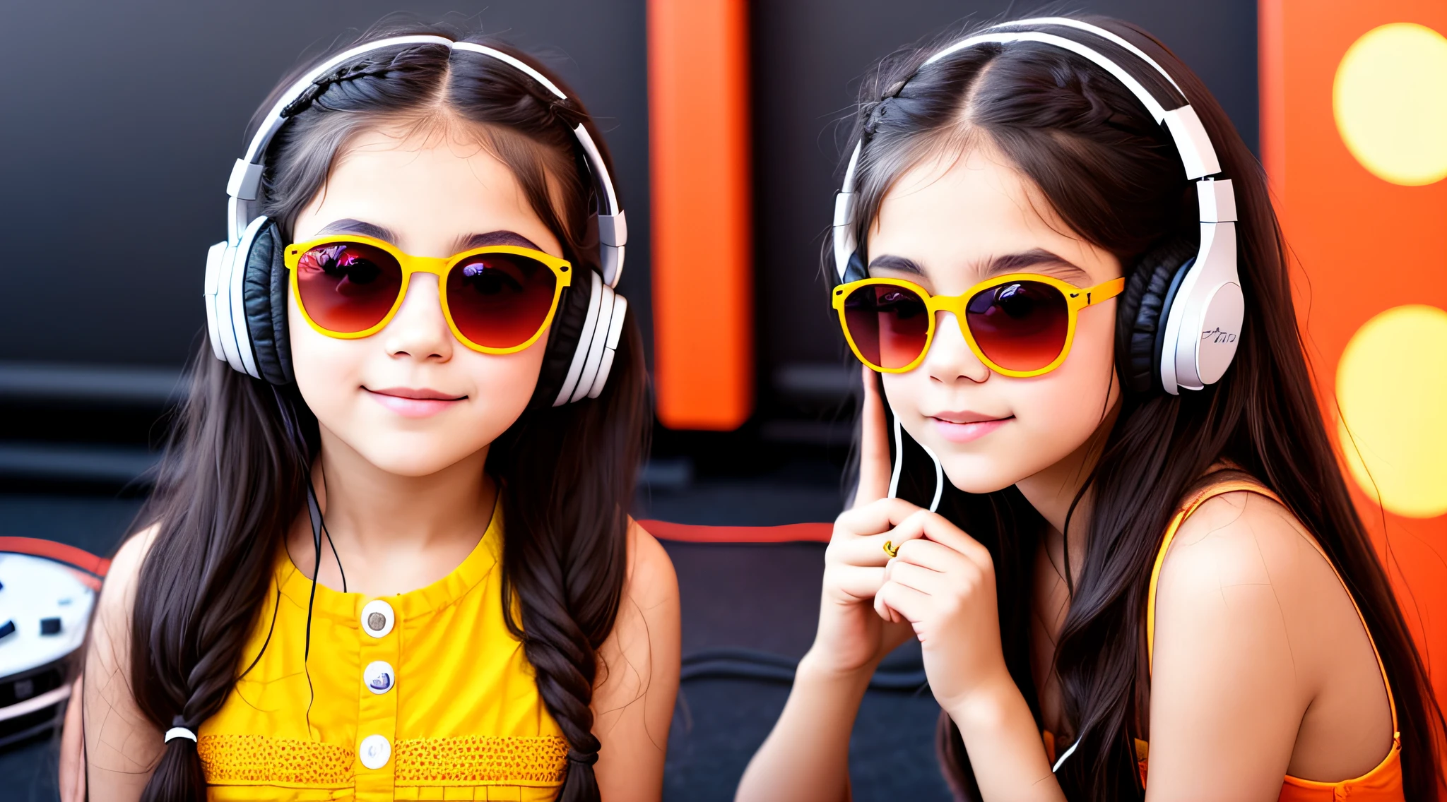 mENINA BLONDE CHILD IN BRAIDS, in yellow dress with headphones and sunglasses making a peace sign, vibrating with music, girl wearing headphones, with headphones, music is life, playing music, with headphones, listening to pious music, loud music, good music, wearing orange sunglasses, listening to music, In front of an orange background, DJ rave headphones, wearing red and yellow clothes