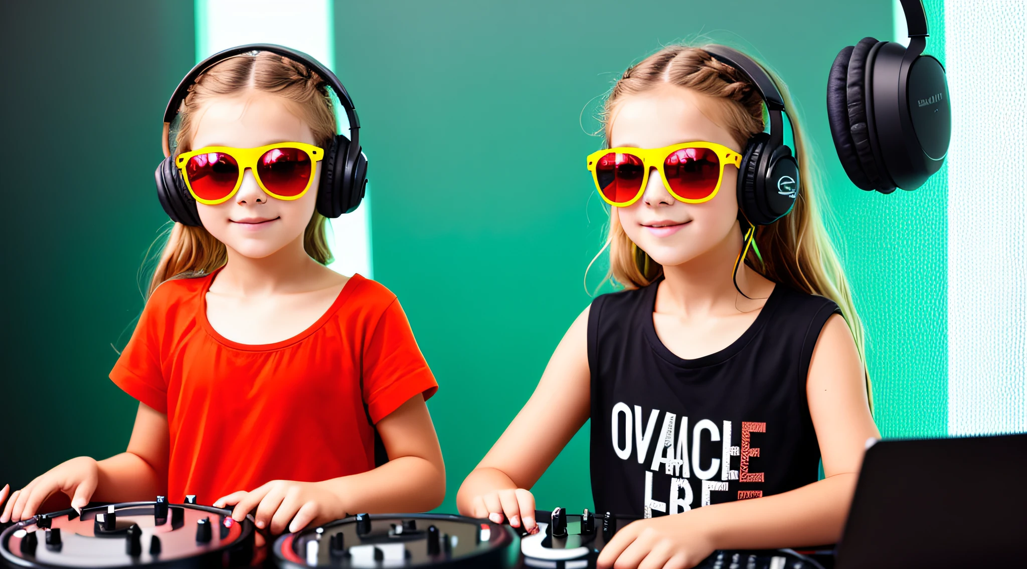 mENINA BLONDE CHILD IN BRAIDS, in yellow dress with headphones and sunglasses making a peace sign, vibrating with music, girl wearing headphones, with headphones, music is life, playing music, with headphones, listening to pious music, loud music, good music, wearing orange sunglasses, listening to music,  In front of an orange background, DJ rave headphones, wearing red and yellow clothes