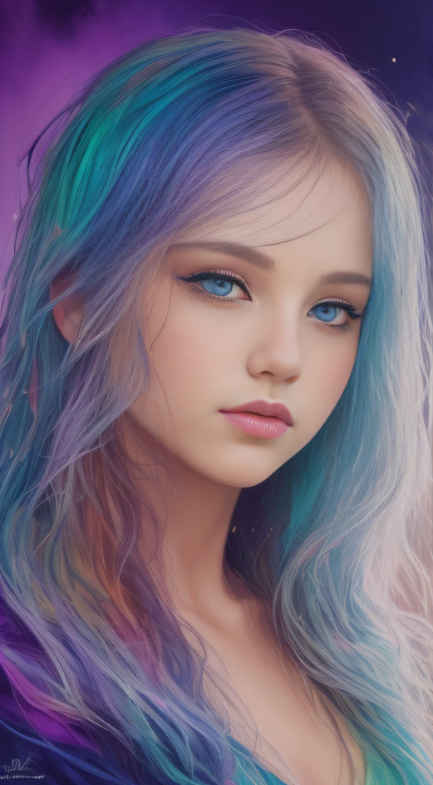 Colorful beautiful girl: a giru 8-years old, messy hair, oil painting, nice perfect face with soft skinice perfect face, blue yellow colors, light purple and violet additions, light red additions, intricate detail, splash screen, 8k resolution, masterpiece, cute face,artstation digital painting smooth veryBlack ink flow: 8k resolution photorealistic masterpiece: intricately detailed fluid gouache painting: by Jean Baptiste Mongue: calligraphy: acrylic: watercolor art, professional photography, natural lighting, volumetric lighting maximalist photoillustration: by marton bobzert:, complex, elegant, expansive, fantastical, wavy hair, vibrant
