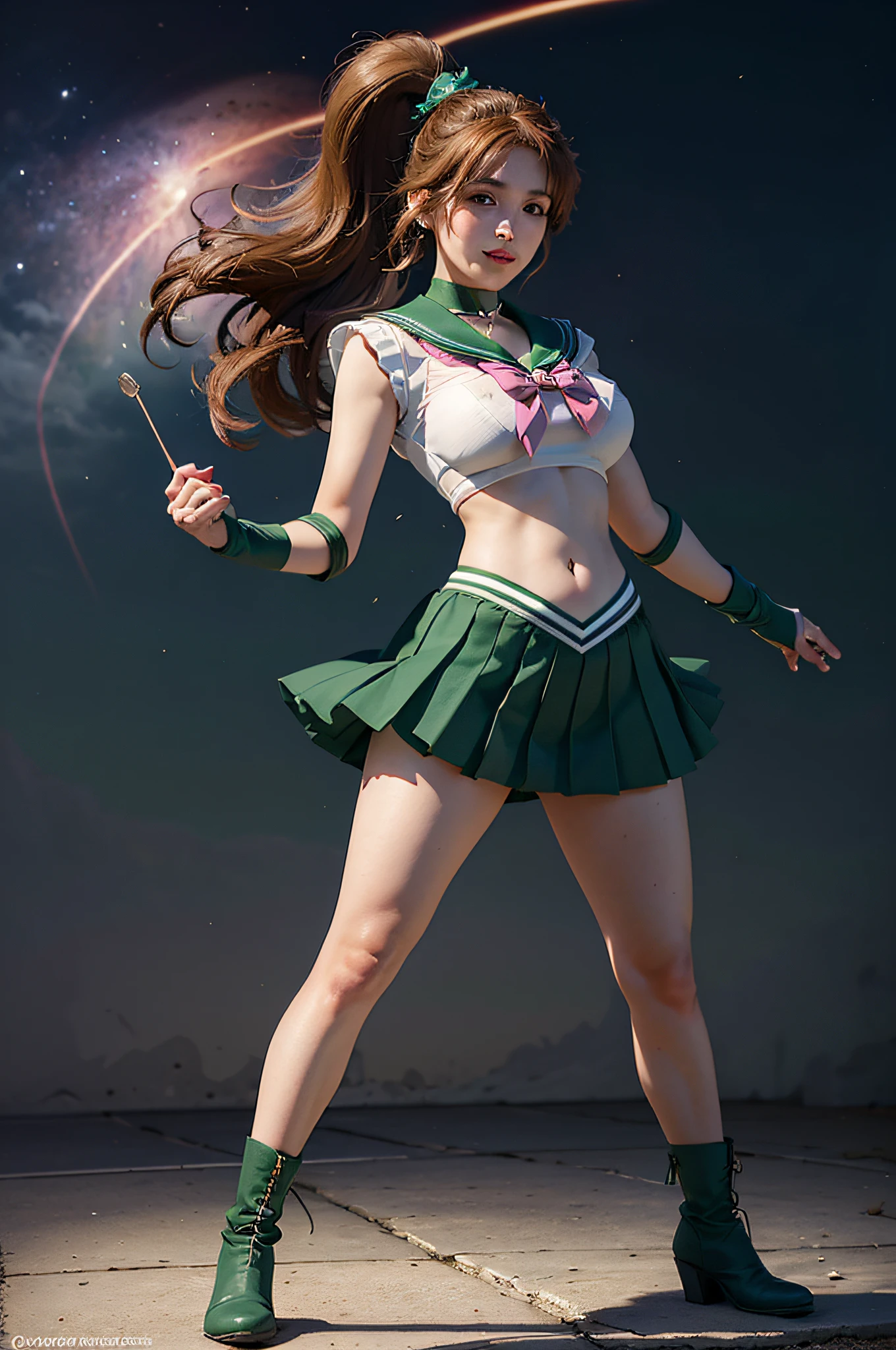 masterpiece, best quality, absurdres, perfect antomy, SMJupiter, SMJupiterOutfit, happy smile,green sailor collar, green skirt, sailor senshi uniform, ponytail, standing, Brown Hair, pleated skirt, green ultra miniskirt, Boots, Pink Bow, close-up, dynamic posture, full body, Dynamic background, Lightning effects,NSFW, perfect breasts, (clear erect nipple silhouette: 1.8), (camel toe: 1.2), dynamic pose, spreading legs, (pubic hair ultra detailed clear silhouette: 1.8), (pubic hair focus: 1.2), navel