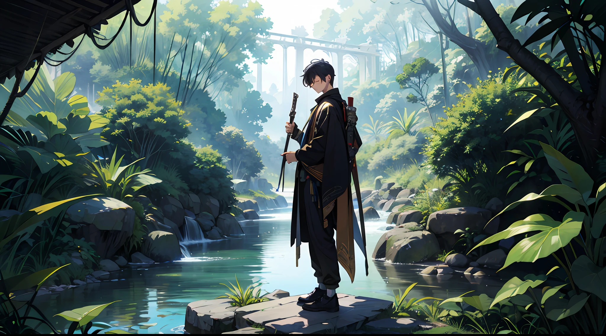 (Absurd, high resolution), 16k, (panorama), boy, boy, full body, cultivation, magic surround, jungle, house, river, ancient style, closed eyes, holding a weapon