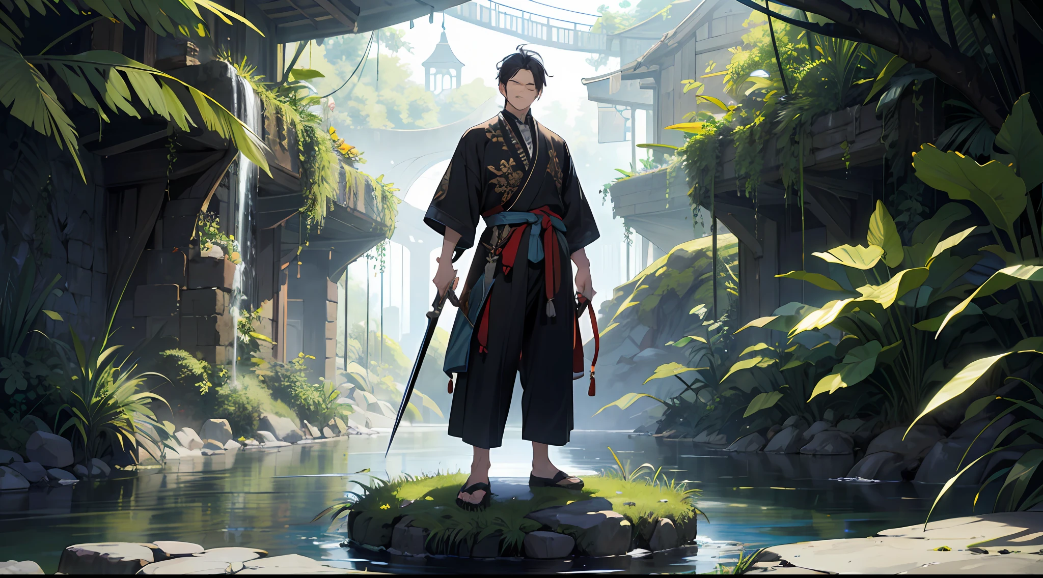 (Absurd, high resolution), 16k, (panorama), boy, boy, full body, cultivation, magic surround, jungle, house, river, ancient style, closed eyes, holding a weapon