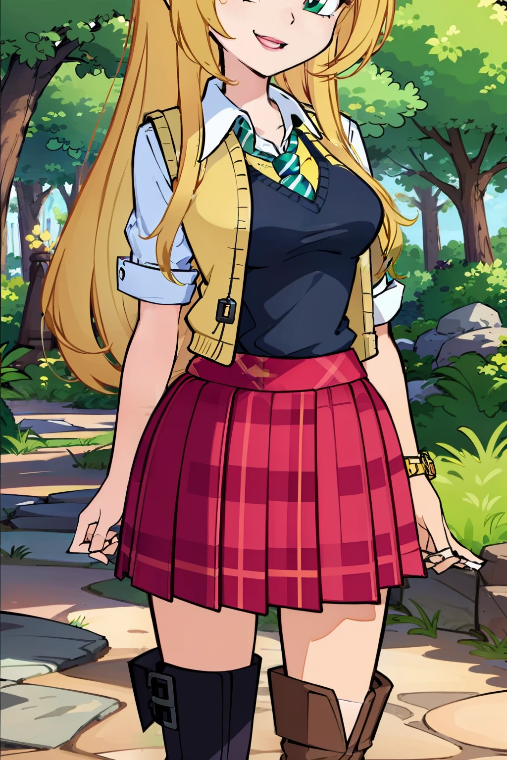 light smile, Schoolgirl attire, white blouse with yellow sweater vest, green striped tie, red plaid skirt and black boots with white buckles, forest green eyes and ashy hair in a twin ponytail