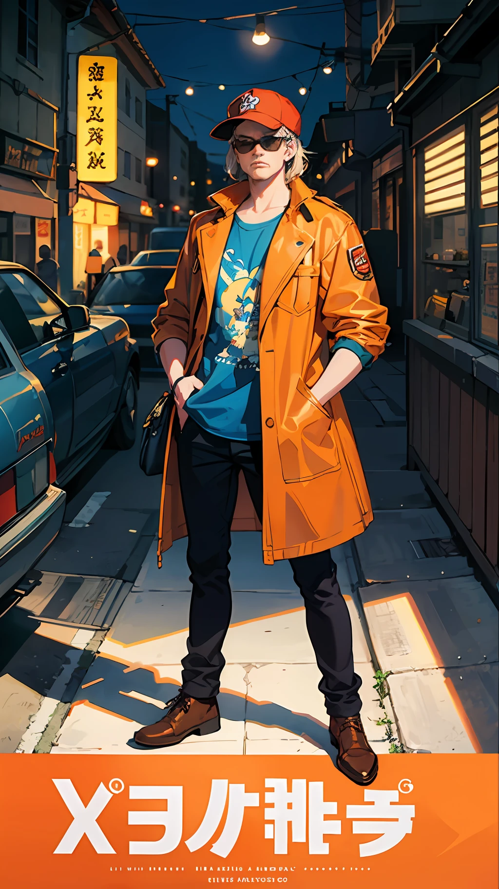 there is a man wearing a hat and sunglasses standing in front of a car, digital art inspired by mads berg, tumblr, digital art, in style of kar wai wong, in style of digital illustration, in style of monkeybone, stylized digital illustration, in style of cory loftis, rob rey and kentarõ miura style, fan art
