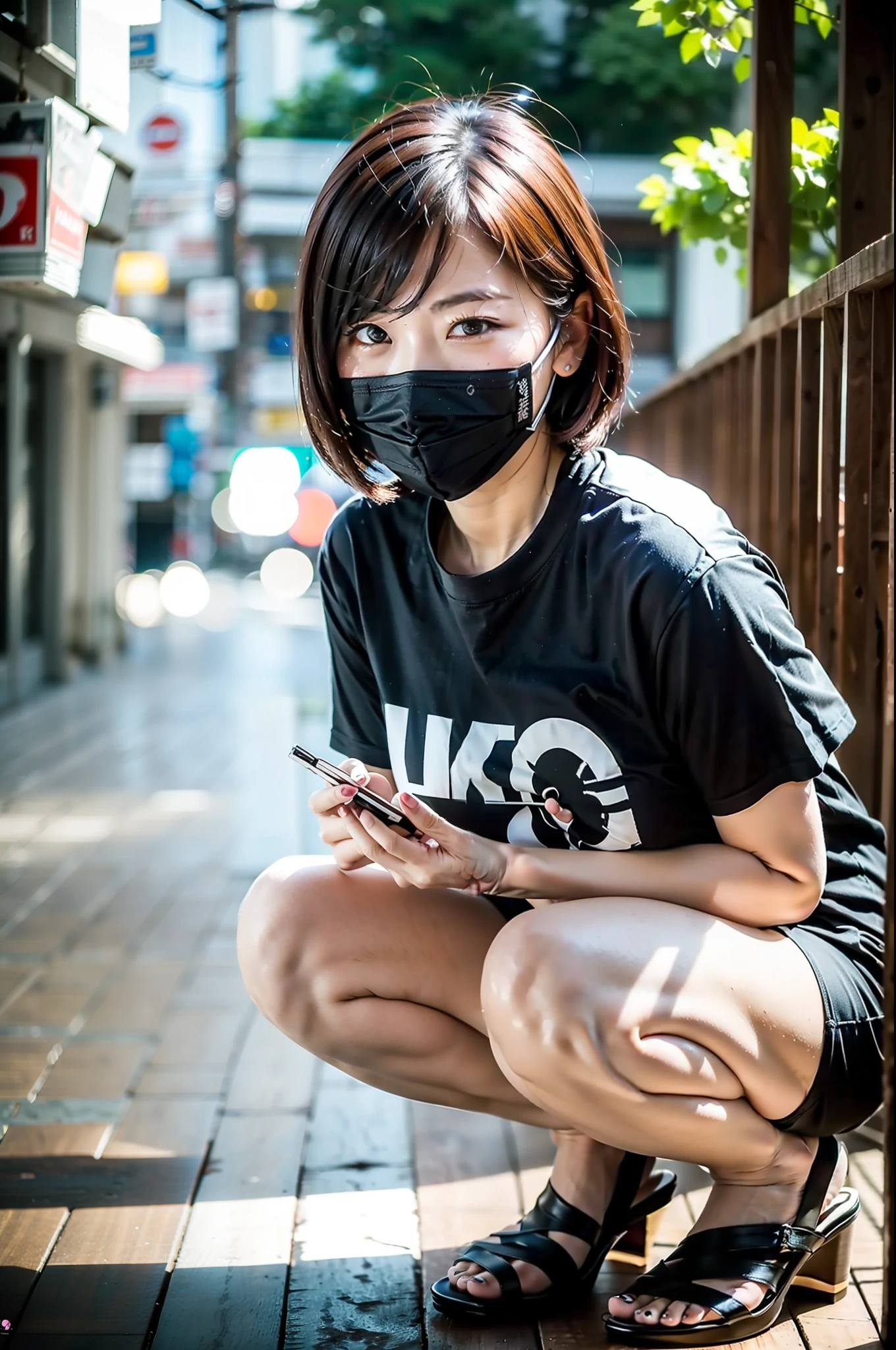 (Best Quality, 8k, 32k, Masterpiece, UHD: 1.2), Cute Japan Woman Photos, Black Short Hair, Beautiful Face, (Slouch: 1.3), Squatting, (From Top: 1.2), (Close-Up: 1.4), POV, Loose T-Shirt, Big Breasts, (Beautiful Nipple Slip: 0.9), Outdoor, Wind, Glossy Skin, Blurry Background, Mask
