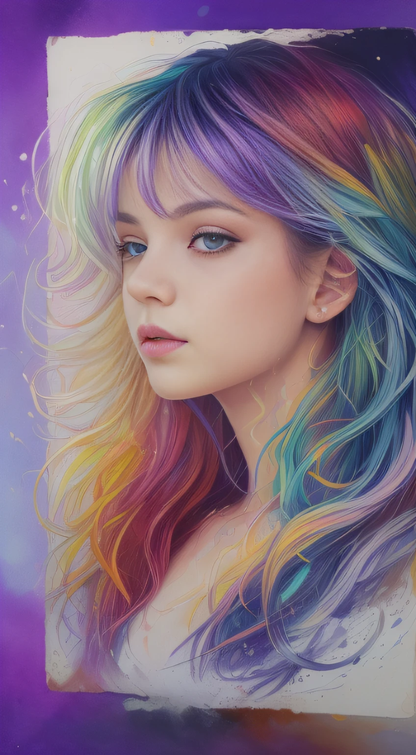 Colorful beautiful girl: a giru 8-, messy hair, oil painting, nice perfect face with soft skinice perfect face, blue yellow colors, light purple and violet additions, light red additions, intricate detail, splash screen, 8k resolution, masterpiece, cute face,artstation digital painting smooth veryBlack ink flow: 8k resolution photorealistic masterpiece: intricately detailed fluid gouache painting: by Jean Baptiste Mongue: calligraphy: acrylic: watercolor art, professional photography, natural lighting, volumetric lighting maximalist photoillustration: by marton bobzert:, complex, elegant, expansive, fantastical,  wavy hair, vibrant