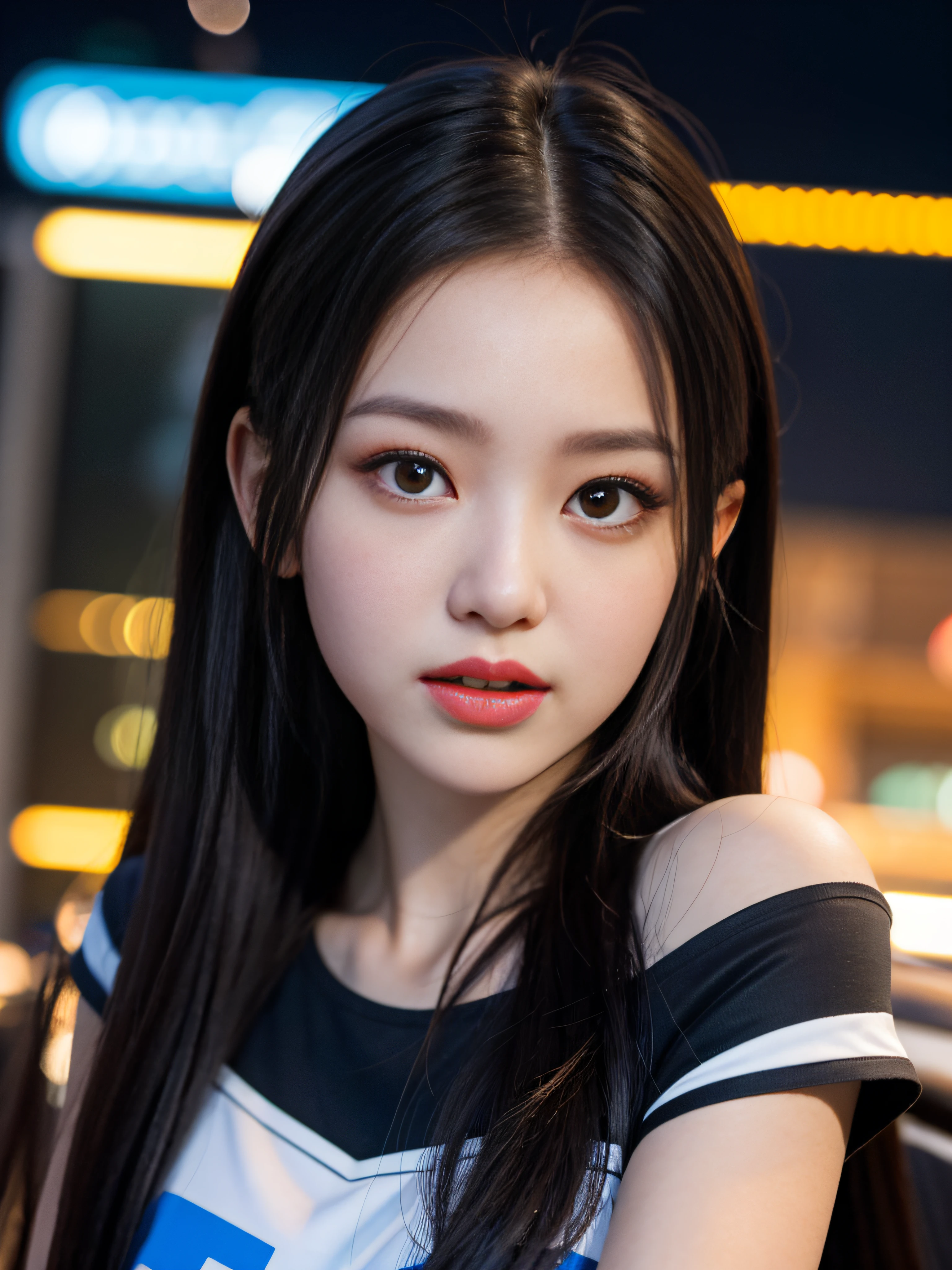 A girl, long hair, half picture, city, future, science fiction, black silk, shorts, night scene, midnight, blue light, neon, night, face close-up, delicate features, beautiful girl, beauty, charming,fashi-girl,red lips,realistic,makeup,