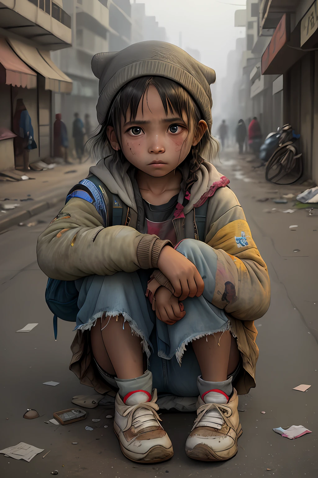 A young girl who drinks poverty in very tattered clothes, sells matches on a cold night, well, pitiful eyes, on the street, tattered shoes, dirty, a lot of dust,