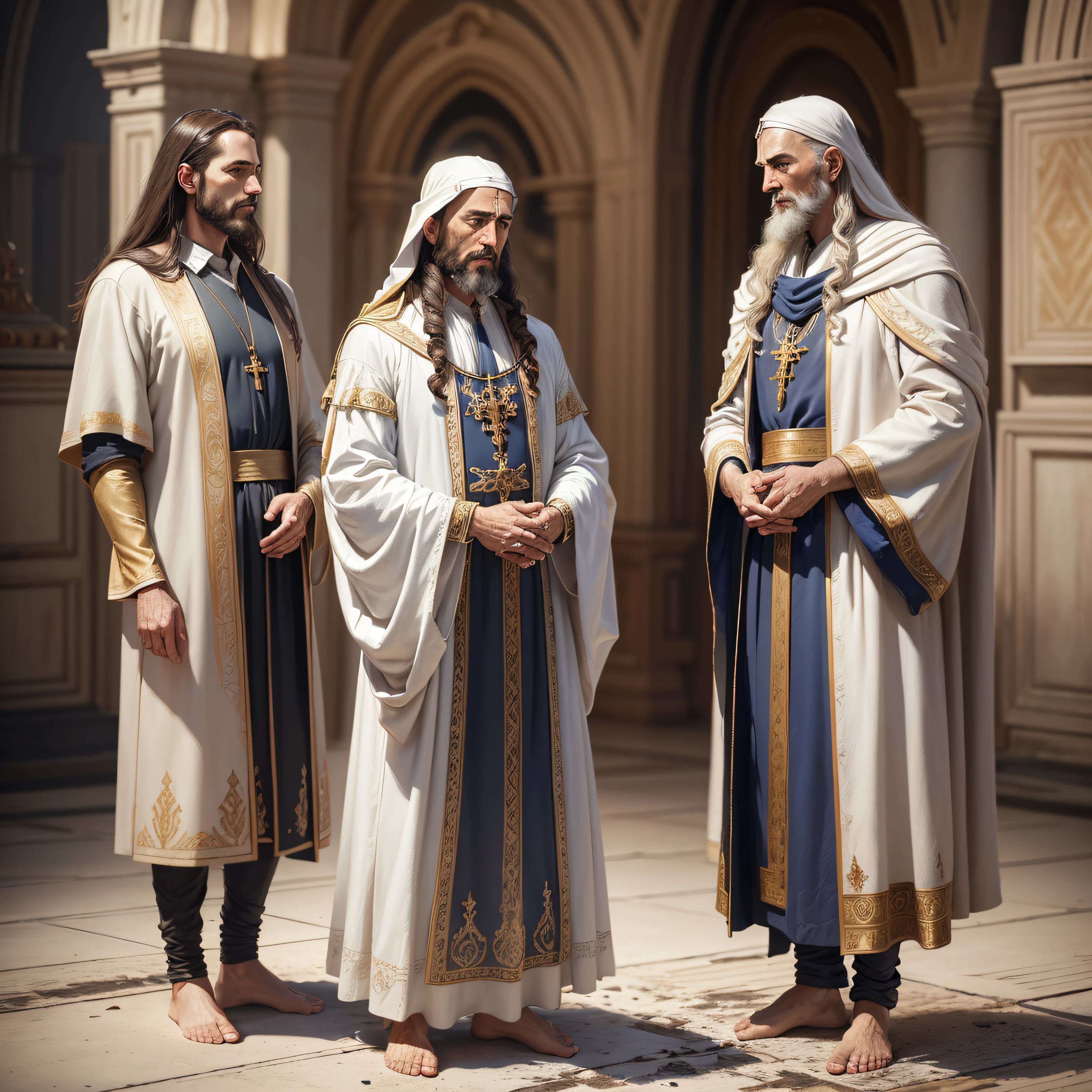 modelshoot style, (extremely detailed CG 8k wallpaper), ((full body photo)), 3 apostles of Jesus Christ: Peter Paul and John, speaking, standing, barefoot, poor and torn old white robes, majestic professional oil painting by Ed Blinkey, trend in ArtStation, Intricate, High Detail, sharp focus, dramatic and photorealistic painting art --auto --s2