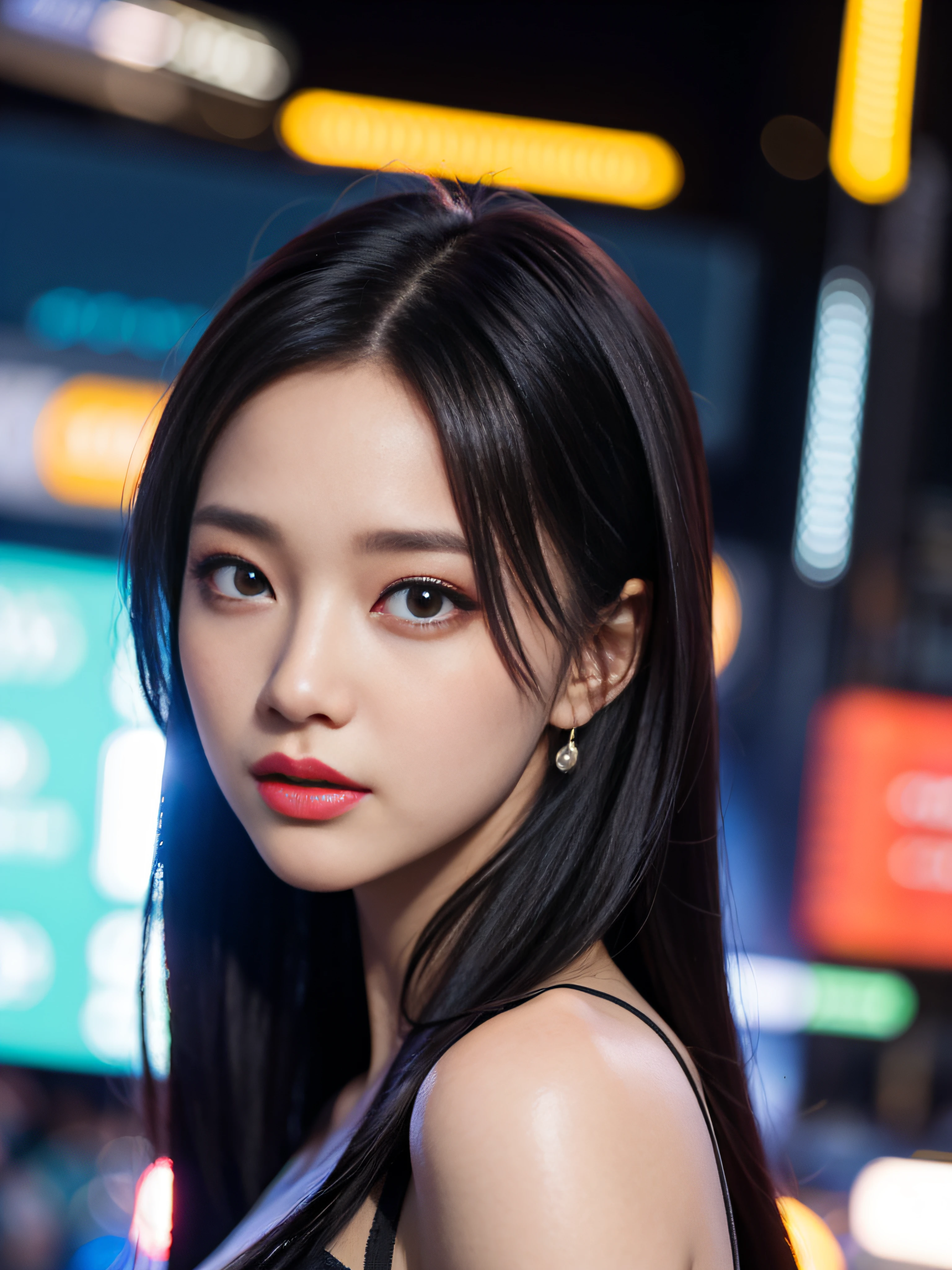 A girl, long hair, half picture, city, future, science fiction, black silk, shorts, night scene, midnight, blue light, neon, night, face close-up, delicate features, beautiful girl, beauty, charming,fashi-girl,red lips,realistic,makeup,