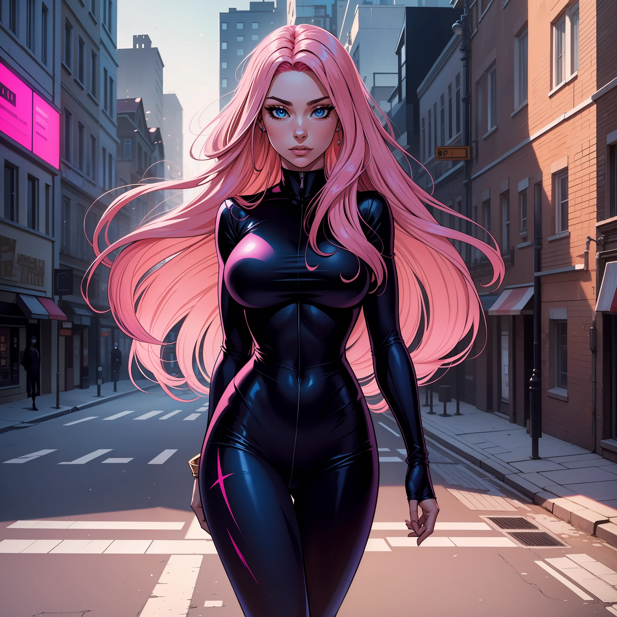 A woman, pink hair, long hair, blue eyes, heroine costume, in an empty city