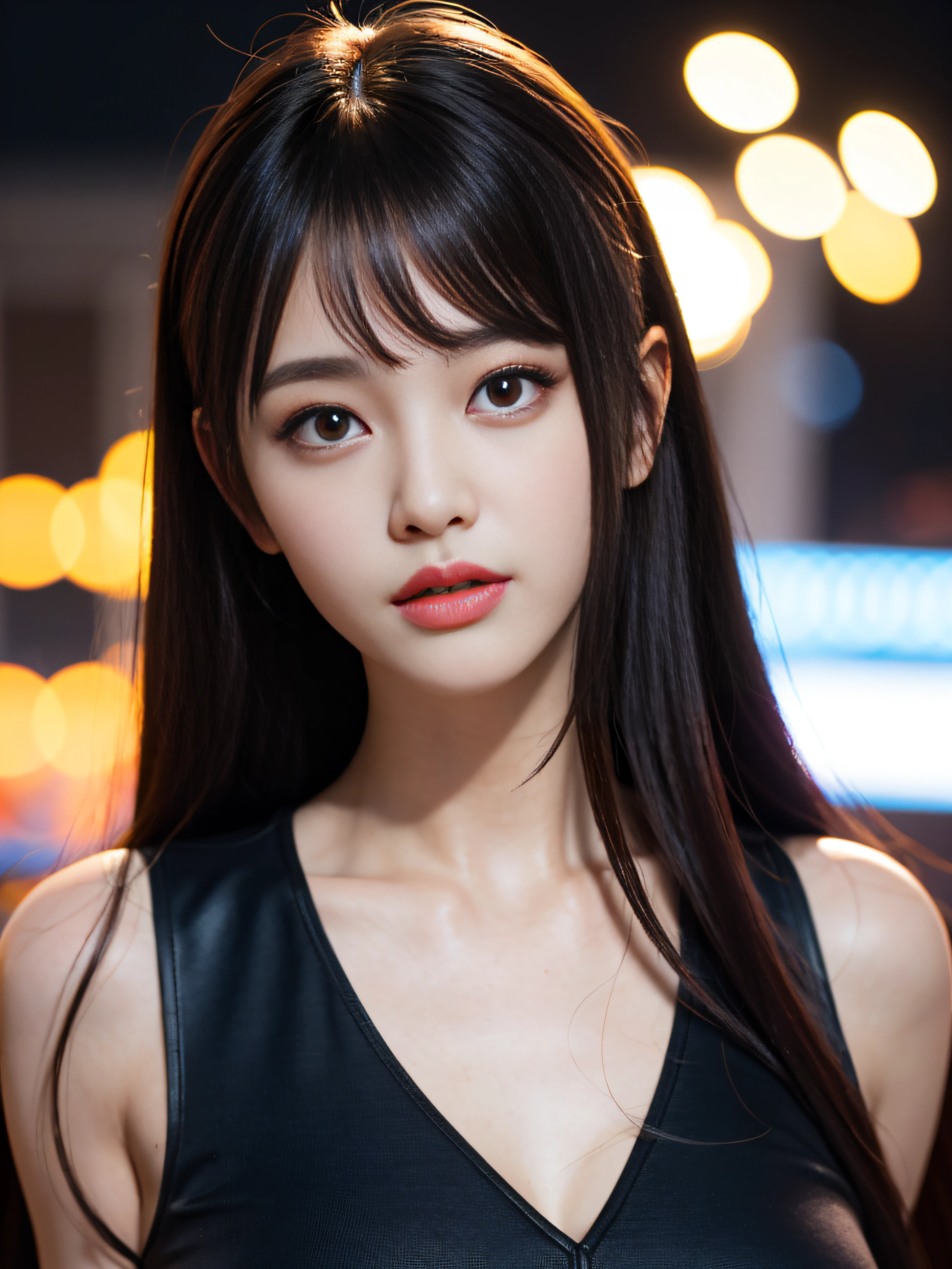 A girl, long hair, half picture, city, future, science fiction, black silk, shorts, night scene, midnight, blue light, neon, night, face close-up, delicate features, beautiful girl, beauty, charming,fashi-girl,red lips,realistic,makeup,