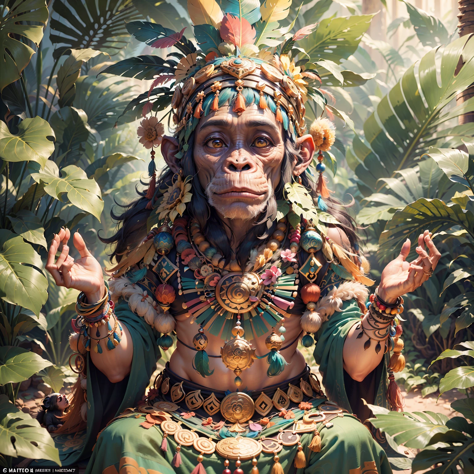 Cheerful Chimpanzee Head ((Shaman)),,((meditative state),,Shaman, elegant chimpanzee, body with detailed hair, with Indian headdress on head, ((meditating)) many colorful feathers, colorful feathers, facing the camera, detail: dense tropical foliage, highly detailed intricate, ((masterpiece)), ultra hyperrealistic, masterpiece