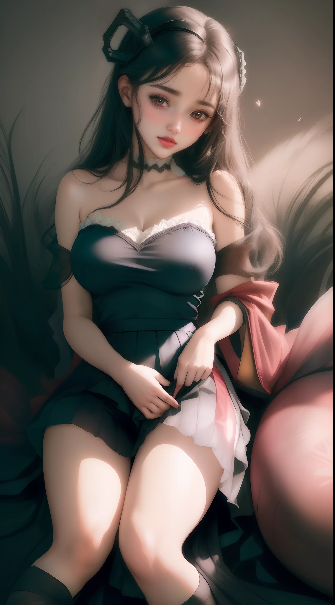 A symbol of the center feminine, Well-structured female body, //masterpiece, the best quality t, highly detaild, Artbook, looking at viewer, 1girl, hyakka ryouran samurai girls, (sitting:1.1), crpg, Baby dolls, humanoid robots, large_breasts, strapless dress, see-through, (bodystocking:1.21), pantyhose, (skirt lift:1.1), (spread legs:1.21), crotchless panties, pantyshot,nvshen