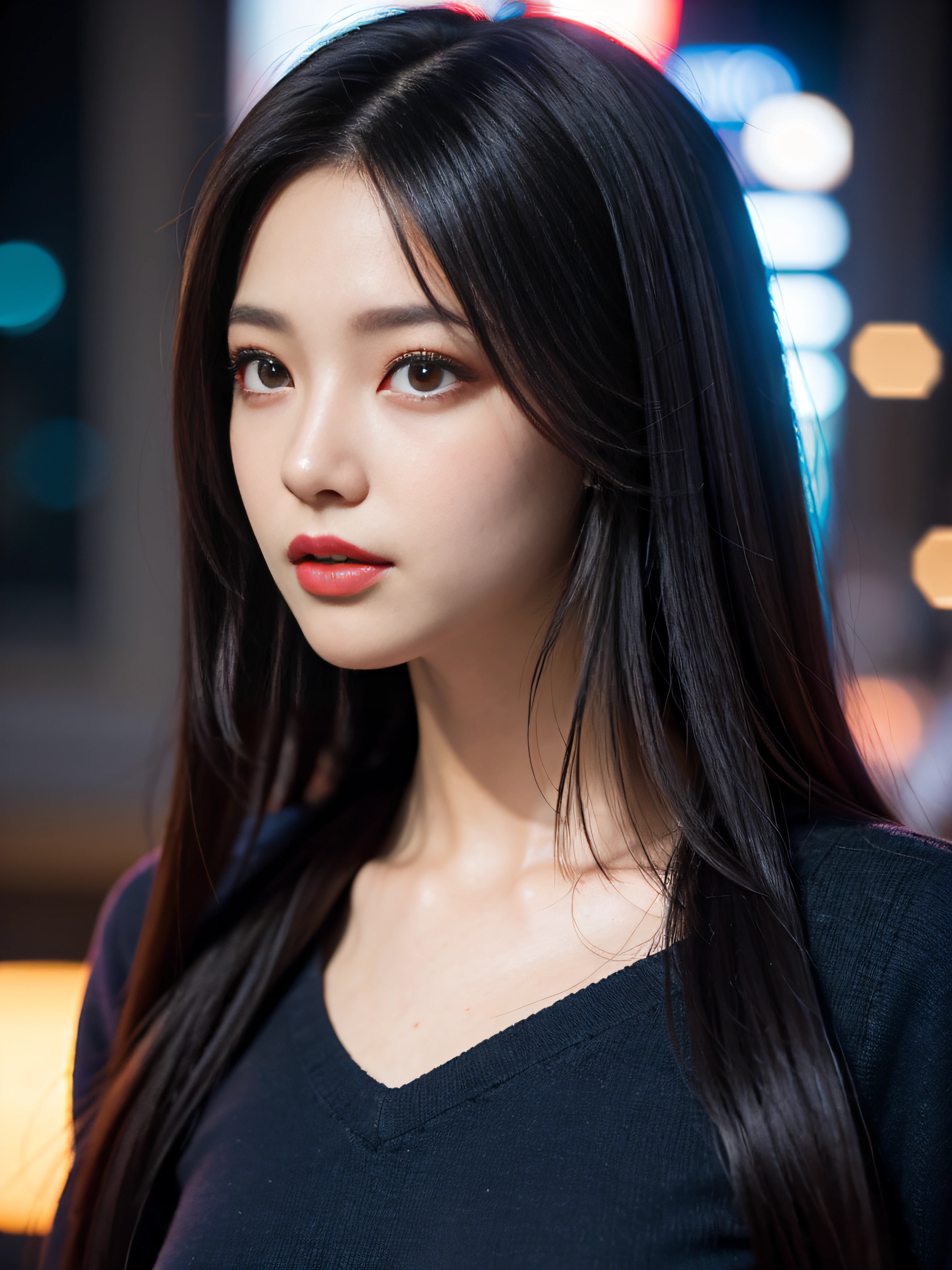 A girl, long hair, half picture, city, future, science fiction, black silk, shorts, night scene, midnight, blue light, neon, night, face close-up, delicate features, beautiful girl, beauty, charming,fashi-girl,red lips,realistic,makeup,