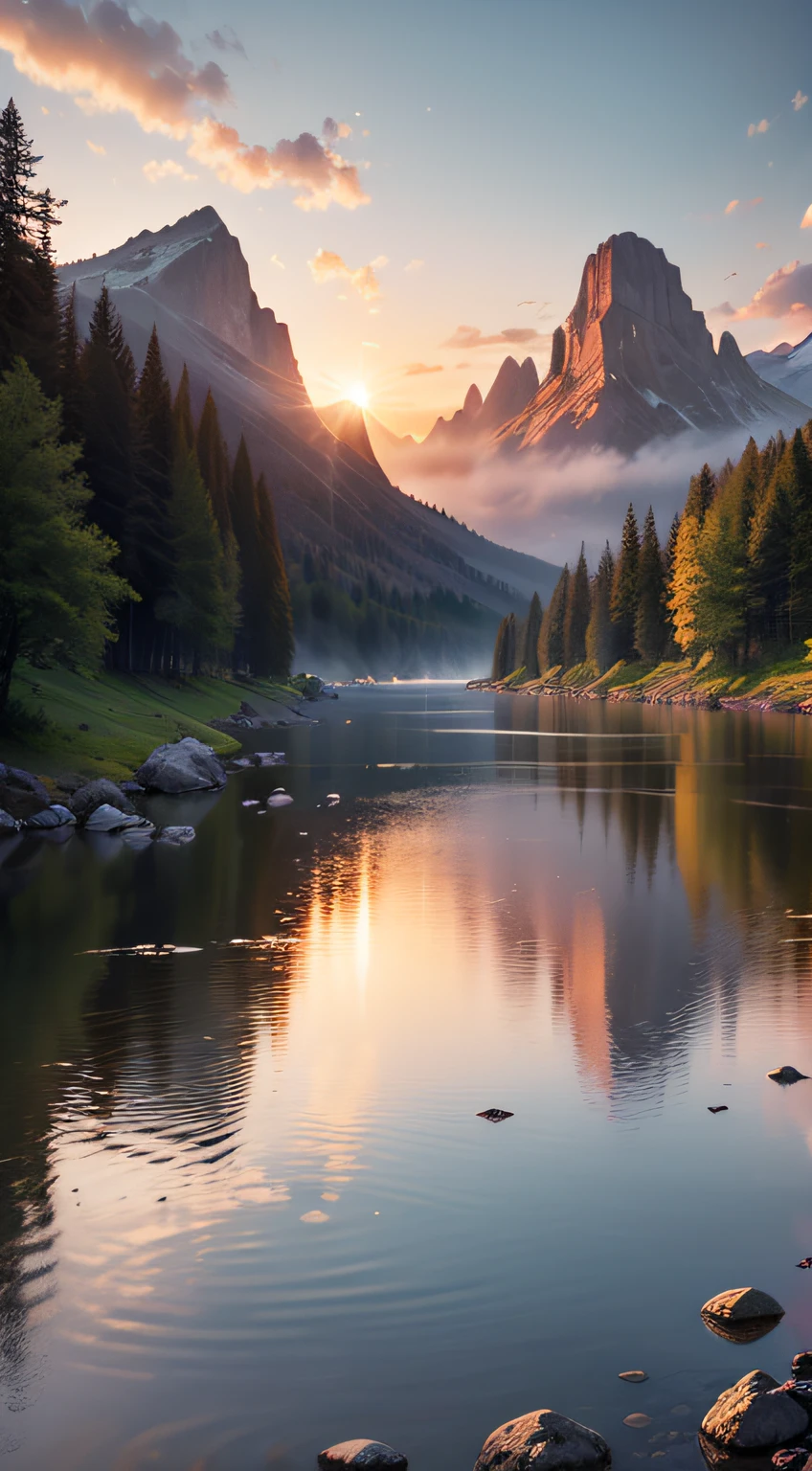 Imagine a tranquil landscape, with the presence of water, such as a serene lake or a calm river. The sun glows softly, creating golden reflections on the surface of the water. The landscape itself is stunning, with towering mountains in the background and lush green trees on the banks. In this scene, you can feel God's presence in many ways. First, water itself symbolizes life and renewal, as a source of purification and refreshment. It represents the presence of God, who offers comfort and restoration to our weary souls. The natural beauty of the landscape is also a testimony to the divine presence. The harmony of colors, the serenity of the environment, and the perfection of creation remind us of God's wisdom and goodness. This landscape invites you to contemplate the greatness and majesty of God, feeling small before his magnificence. In addition, the tranquility and serenity of the landscape provide an environment conducive to communion with God. You can feel His presence through comforting silence and peaceful surroundings. It is a reminder that God is always present, even in the calmest and quietest situations. In this watery landscape, God's presence is palpable. It is a scene that invites you to connect with the divine, to find peace, and to strengthen your faith as you contemplate creation and reconnect with the Creator. --auto