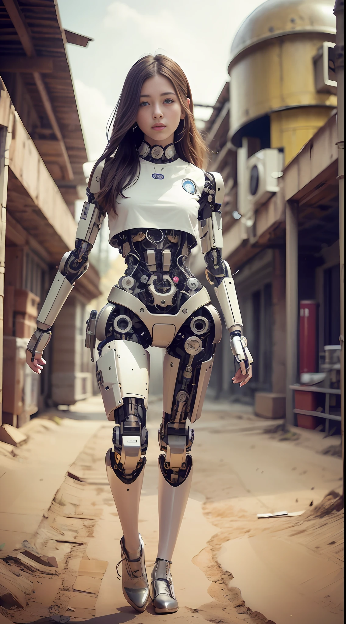 8K HD, best picture quality, clear picture, amazing details, beautiful girl and robot body, full body robot, girl focus, detailed girly face, girly details amazing, upper body photo, robot factory background, optimized depth of field to make the picture more realistic.