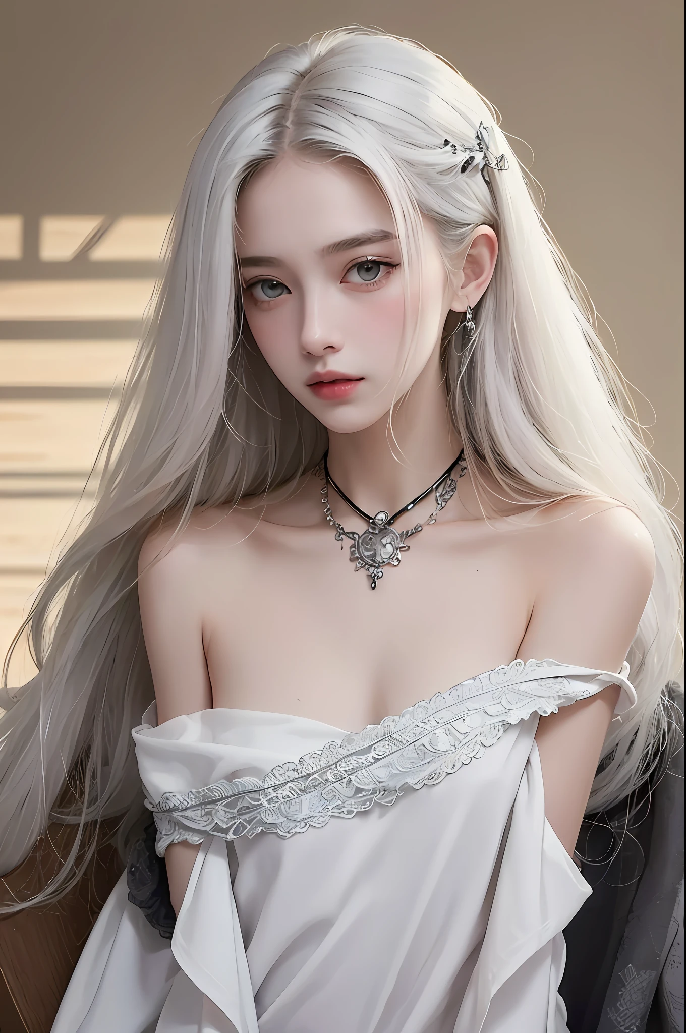 (Masterpiece, Top Quality, Best Quality, Official Art, Depth of Field, Beauty and Aesthetics: 1.2), Pinnacle Rendering, Realistic Rendering, (1girl), Extreme Detail, Colorful, Supreme Detail, Official Art, Unified 8k Wallpaper, Ultra Detailed, Shy, Shy, Shy, Blushing, Beautiful and Aesthetic, Beautiful, Masterpiece, Best Quality, Bare Shoulder, White Hair, (Zentangle, Mandala, Tangle, Entangle), Strips of Cloth, Fingers All Hidden Without Showing, Small Mouth Closed, Binding, Bondage, Chair