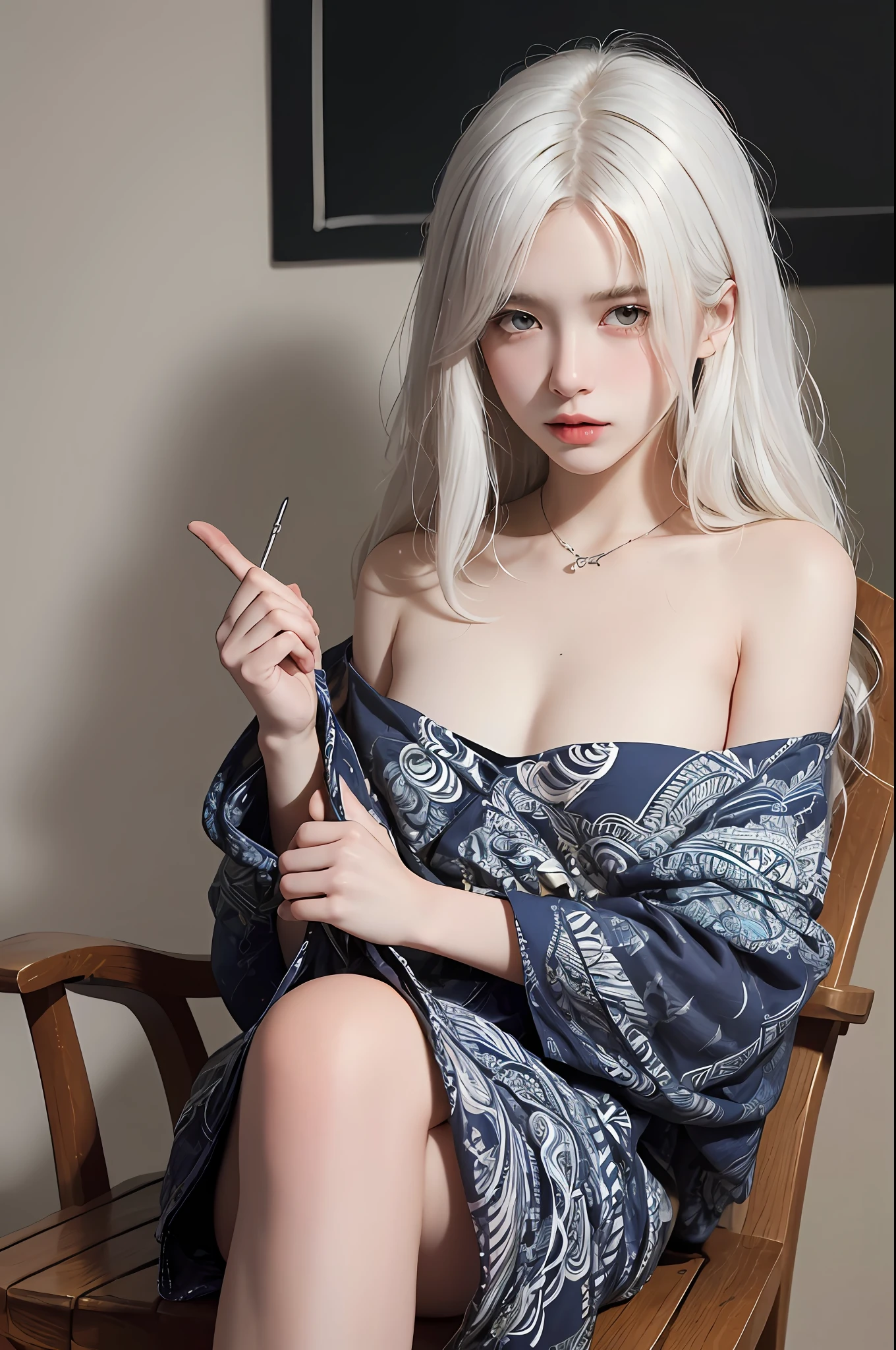 (Masterpiece, Top Quality, Best Quality, Official Art, Depth of Field, Beauty and Aesthetics: 1.2), Pinnacle Rendering, Realistic Rendering, (1girl), Extreme Detail, Colorful, Supreme Detail, Official Art, Unified 8k Wallpaper, Ultra Detailed, Shy, Shy, Shy, Blushing, Beautiful and Aesthetic, Beautiful, Masterpiece, Best Quality, Bare Shoulder, White Hair, (Zentangle, Mandala, Tangle, Entangle), Strips of Cloth, Fingers All Hidden Without Showing, Small Mouth Closed, Binding, Bondage, Chair