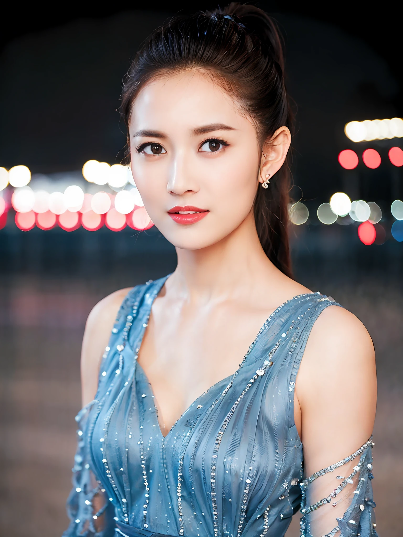 1girl,(wearing a blue modest dress:1.3), long sleeves,(RAW photo, best quality), (realistic, photo-realistic:1.4), masterpiece, an extremely delicate and beautiful, extremely detailed, 2k wallpaper, Amazing, finely detail, extremely detailed CG unity 8k wallpaper, ultra-detailed, highres, soft light, beautiful detailed girl, extremely detailed eyes and face, beautiful detailed nose, beautiful detailed eyes,cinematic lighting,city lights at night,perfect anatomy,slender body,smiling