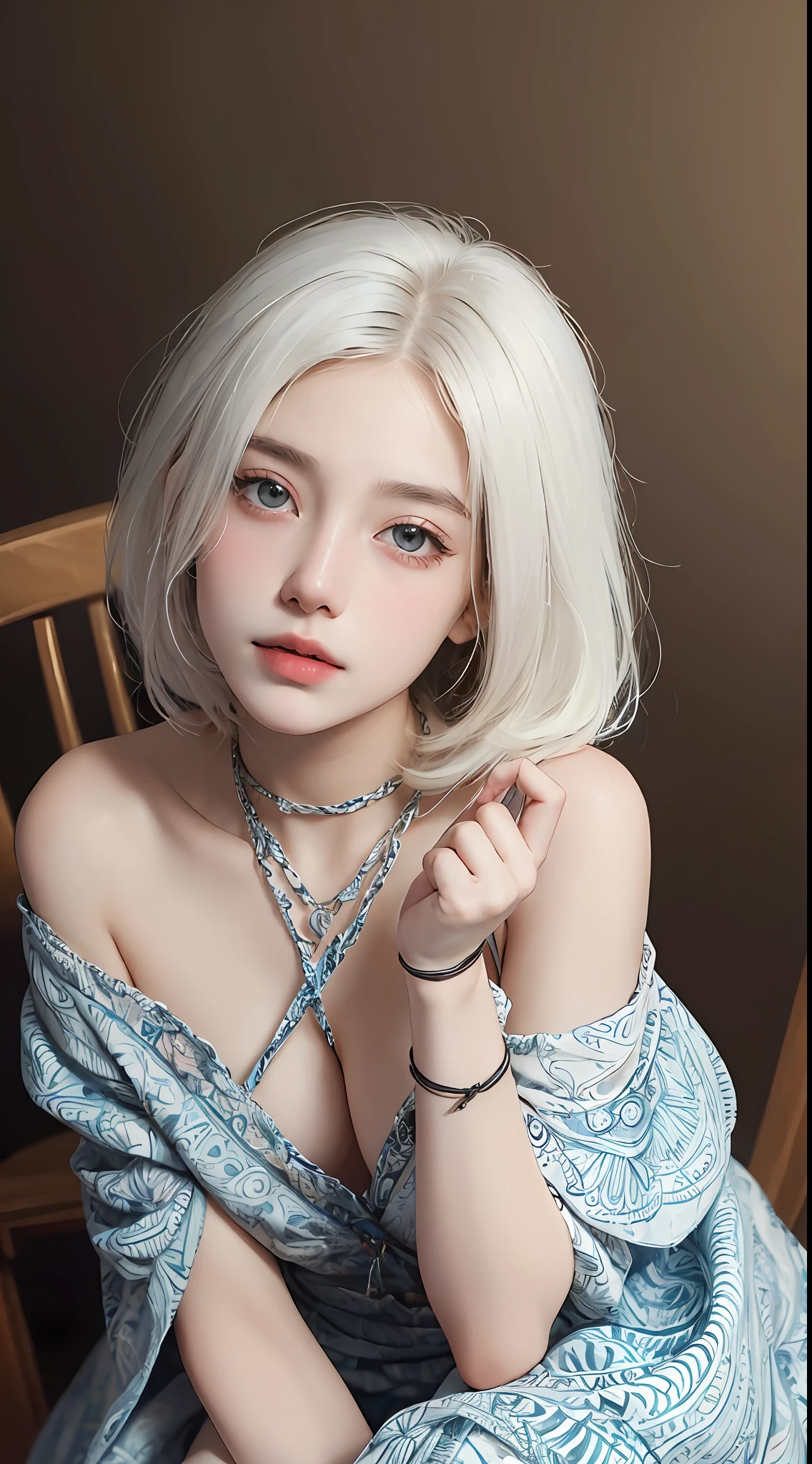 (Masterpiece, Top Quality, Best Quality, Official Art, Depth of Field, Beauty and Aesthetics: 1.2), Pinnacle Rendering, Realistic Rendering, (1girl), Extreme Detail, Colorful, Supreme Detail, Official Art, Unified 8k Wallpaper, Ultra Detailed, Shy, Shy, Shy, Blushing, Beautiful and Aesthetic, Beautiful, Masterpiece, Best Quality, Bare Shoulder, White Hair, (Zentangle, Mandala, Tangle, Entangle), Strips of Cloth, Fingers All Hidden Without Showing, Small Mouth Closed, Binding, Bondage, Chair