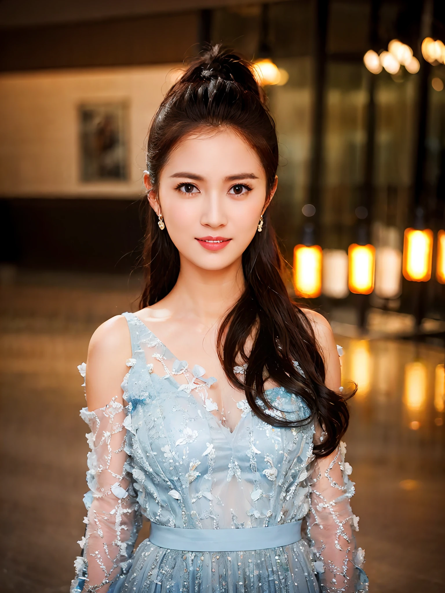 1girl,(wearing a blue modest dress:1.3), long sleeves,(RAW photo, best quality), (realistic, photo-realistic:1.4), masterpiece, an extremely delicate and beautiful, extremely detailed, 2k wallpaper, Amazing, finely detail, extremely detailed CG unity 8k wallpaper, ultra-detailed, highres, soft light, beautiful detailed girl, extremely detailed eyes and face, beautiful detailed nose, beautiful detailed eyes,cinematic lighting,city lights at night,perfect anatomy,slender body,smiling