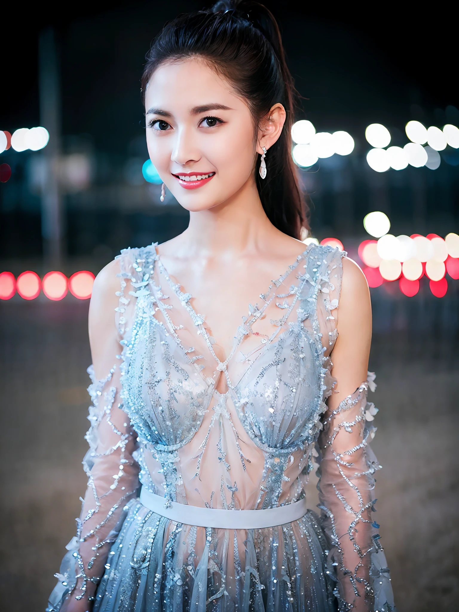1girl,(wearing a blue modest dress:1.3), long sleeves,(RAW photo, best quality), (realistic, photo-realistic:1.4), masterpiece, an extremely delicate and beautiful, extremely detailed, 2k wallpaper, Amazing, finely detail, extremely detailed CG unity 8k wallpaper, ultra-detailed, highres, soft light, beautiful detailed girl, extremely detailed eyes and face, beautiful detailed nose, beautiful detailed eyes,cinematic lighting,city lights at night,perfect anatomy,slender body,smiling