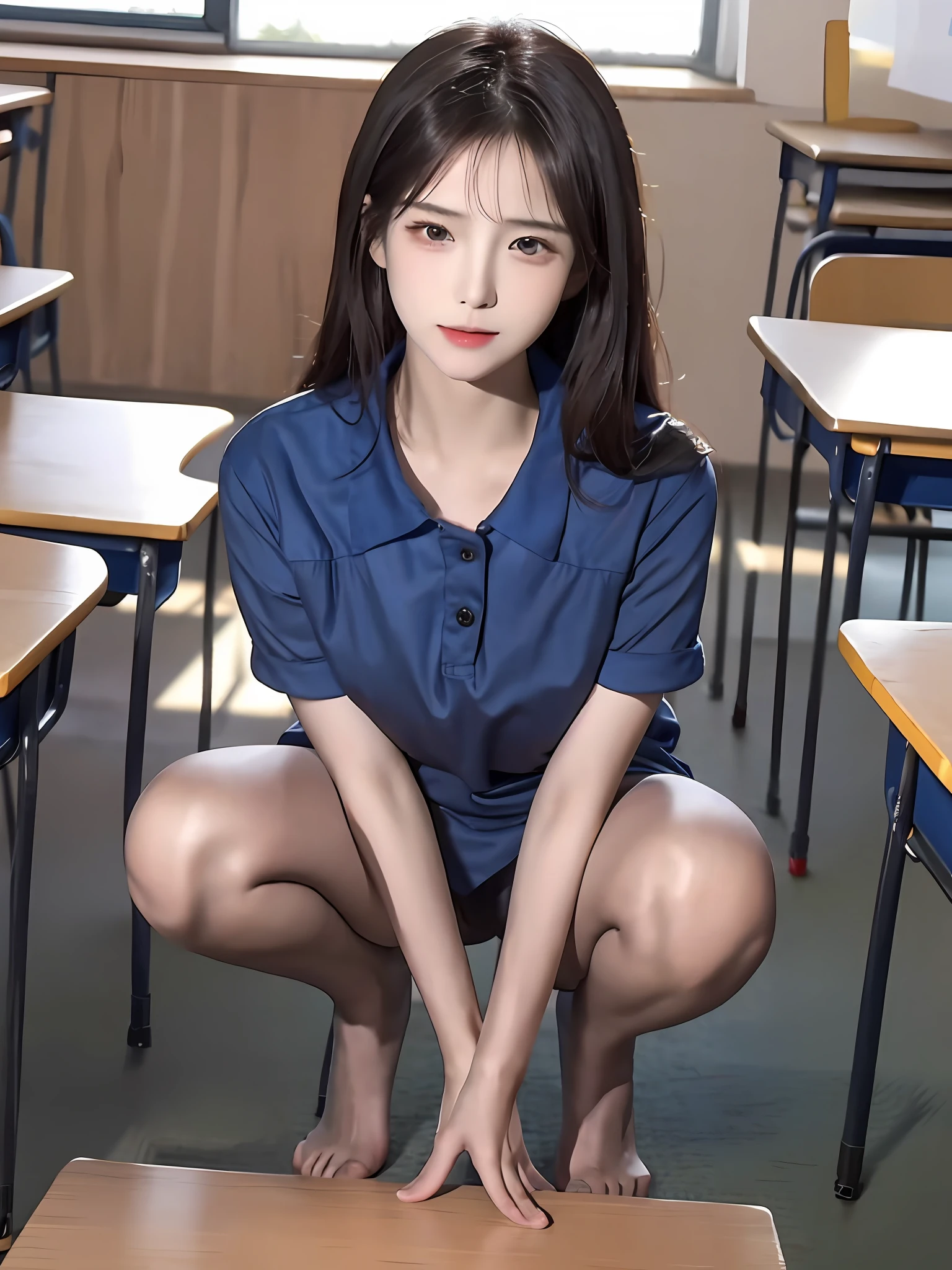 ((masterpiece)),((best quality)), absurdres, 1girl, 1boy, 蹲女姿势, pov,((((女孩穿情趣内衣,短裙,黑丝袜,修长美腿)))) , (classroom:1.1), sunlight, (half-closed eyes:0.4), (parted lips:1.4 ), (鼻红:1.2), 浅笑,1boy,squatting cowgirl position, vaginal, pov,