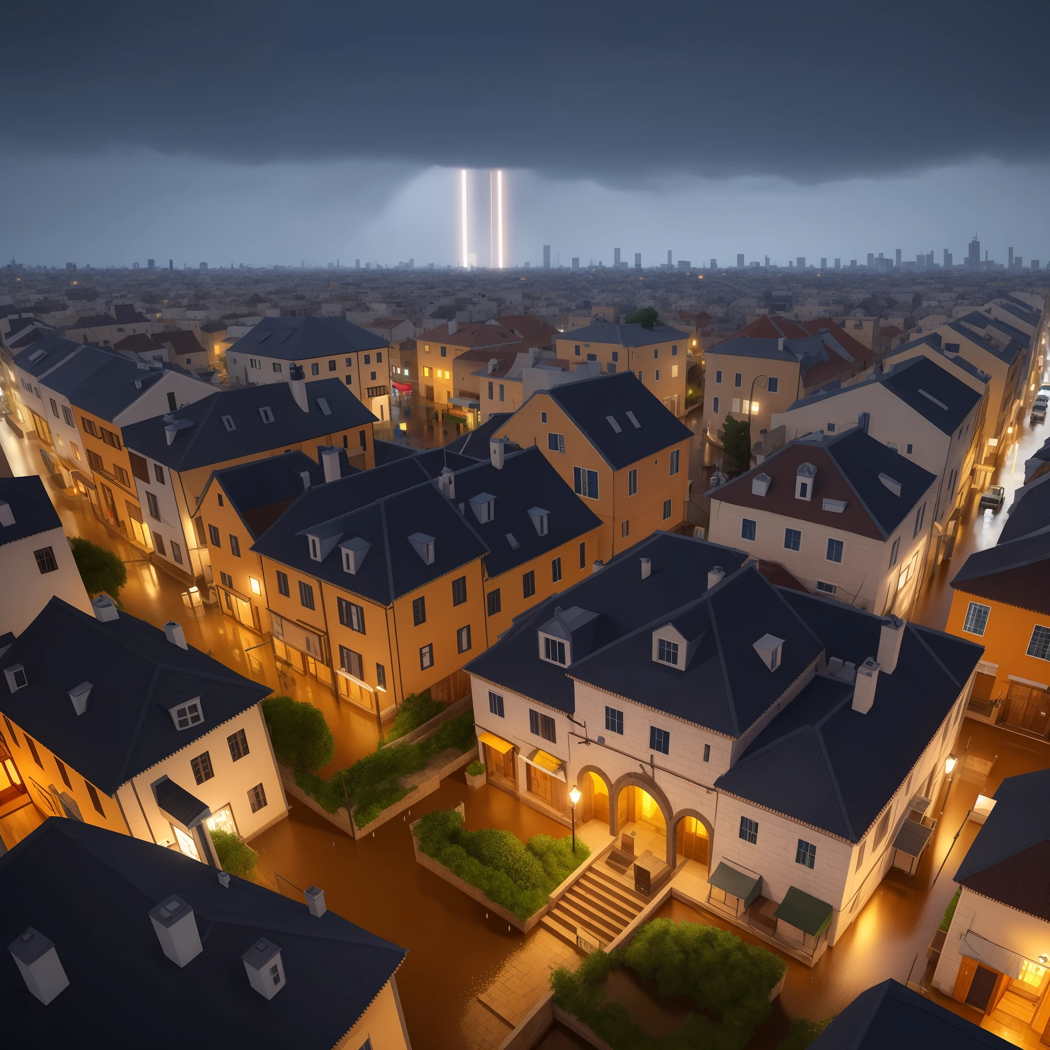 aerial view of a village with lots of lights on the buildings, dream city, israeli village, amazing wallpaper, israel city, israeli village, hyper realistic photo of a city, old israeli village, israeli city, by raymond han, rainy night, old castle cyberpunk synagogue, beautifully lit buildings, at night during rain, beautiful and aesthetic, photography, cinematic, 8k, high detailed ((Heavy rain)))